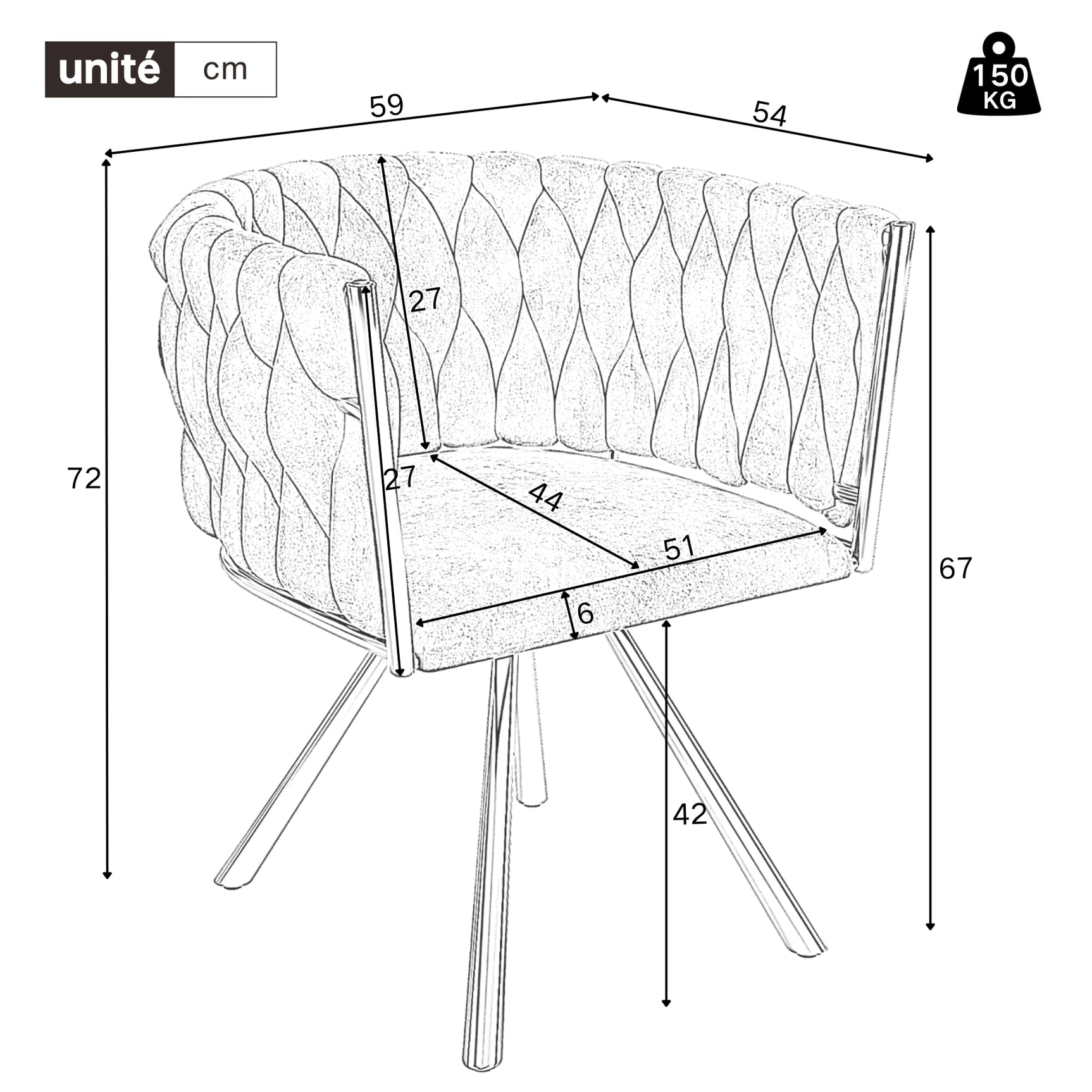 Set aus 4 Esszimmerstühlen im Industriestil mit geflochtener Rückenlehne aus beigem Stoff – MILIANA