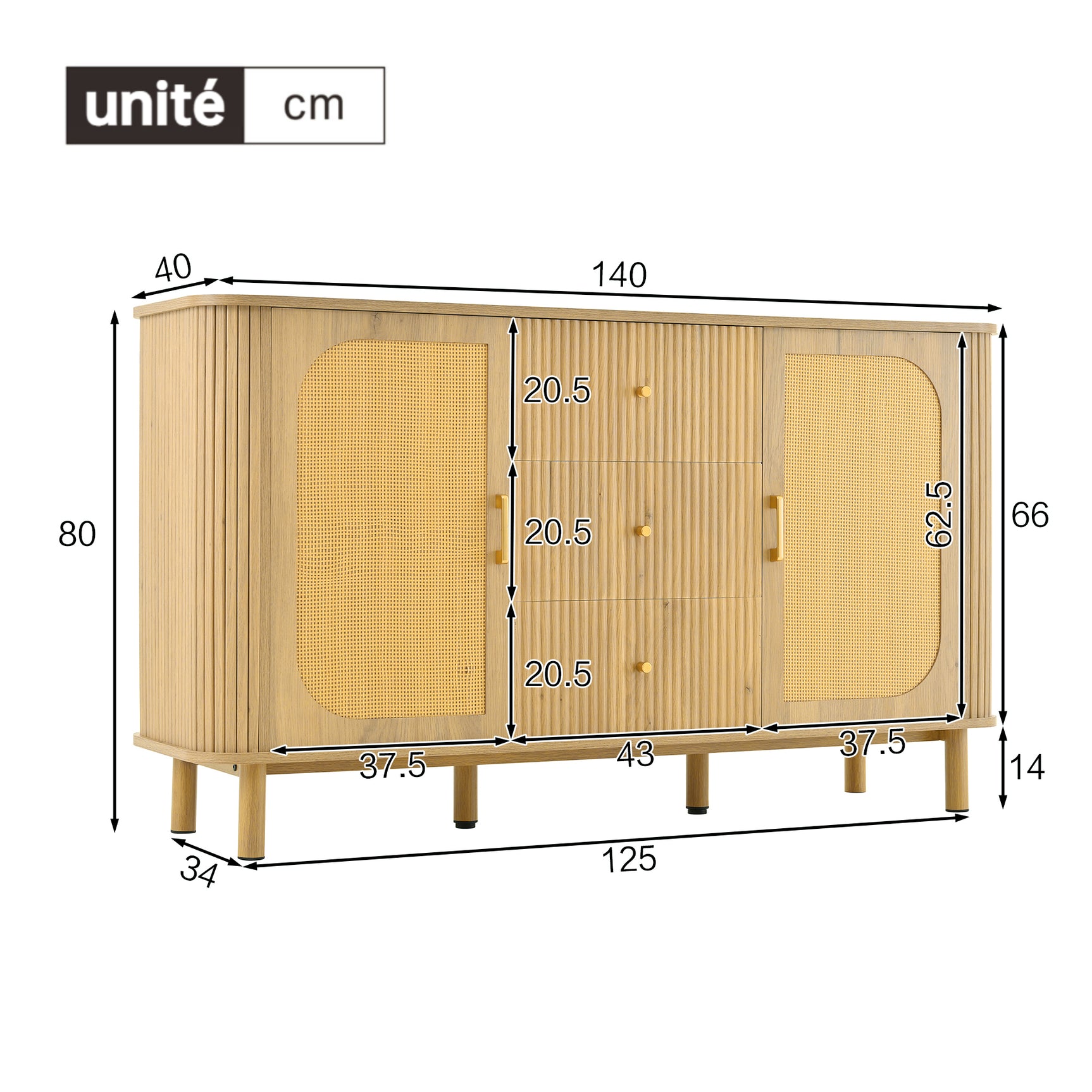Oak caning buffet with 3 drawers, 2 doors, adjustable shelves and anti-breeching device-120 × 40 × 74 cm