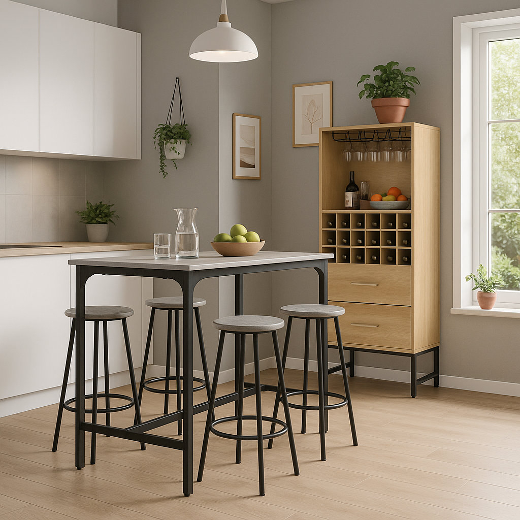 Hochtisch -Set mit vier grauen Industrie -Designhocker