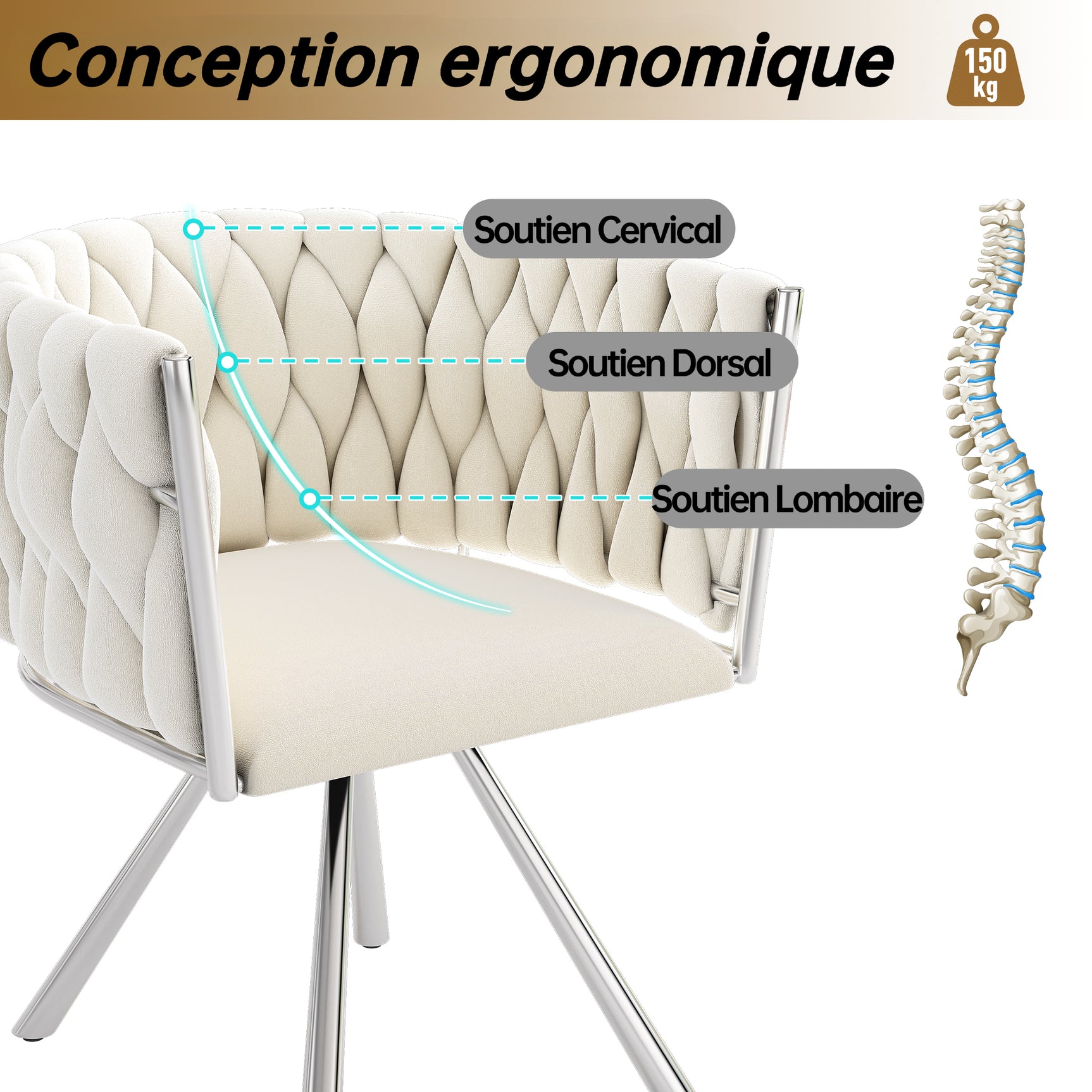 Set aus 4 Esszimmerstühlen im Industriestil mit geflochtener Rückenlehne aus beigem Stoff – MILIANA