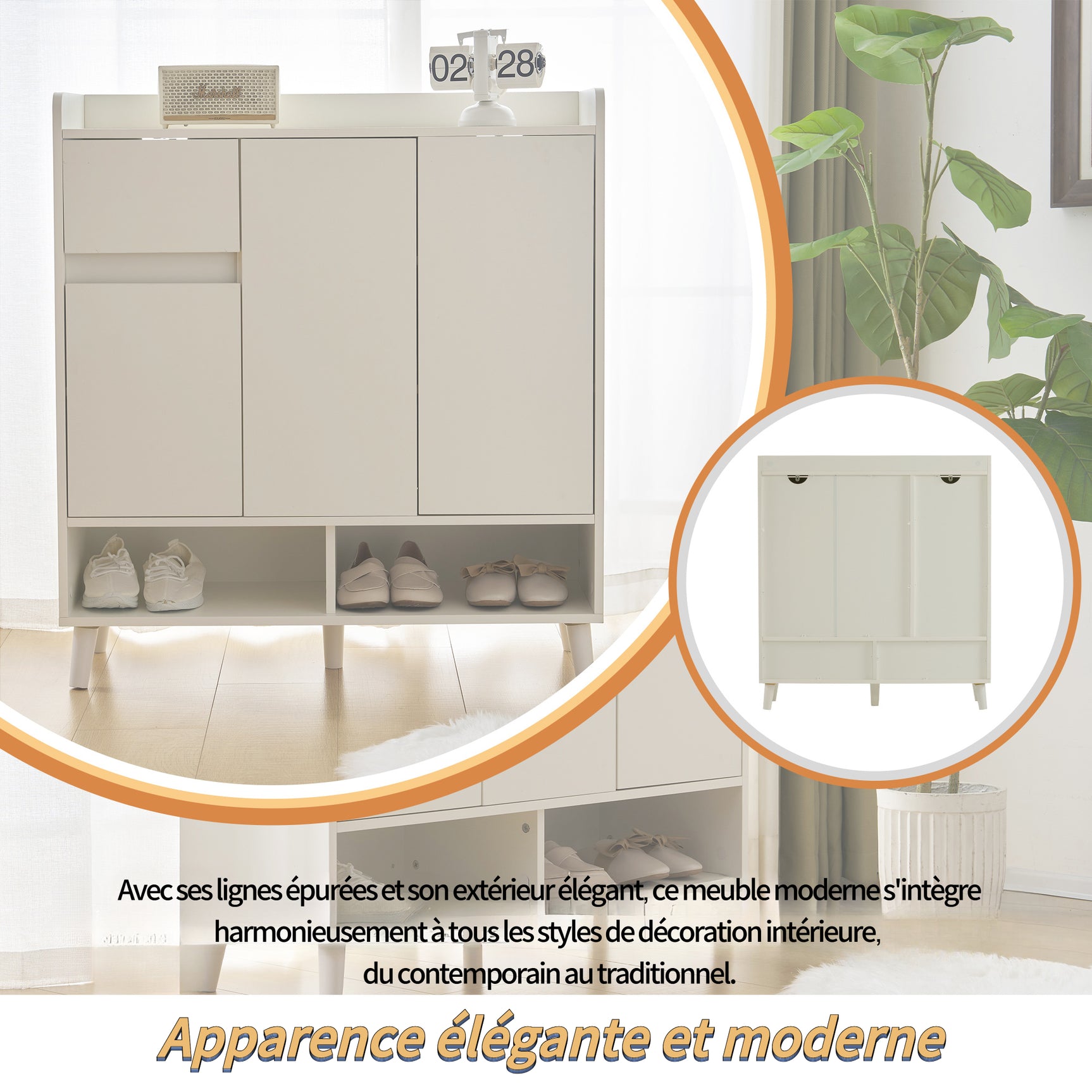 Meuble à chaussures blanc avec étagères réglables, commode minimaliste pour l'entrée, avec pieds en bois massif