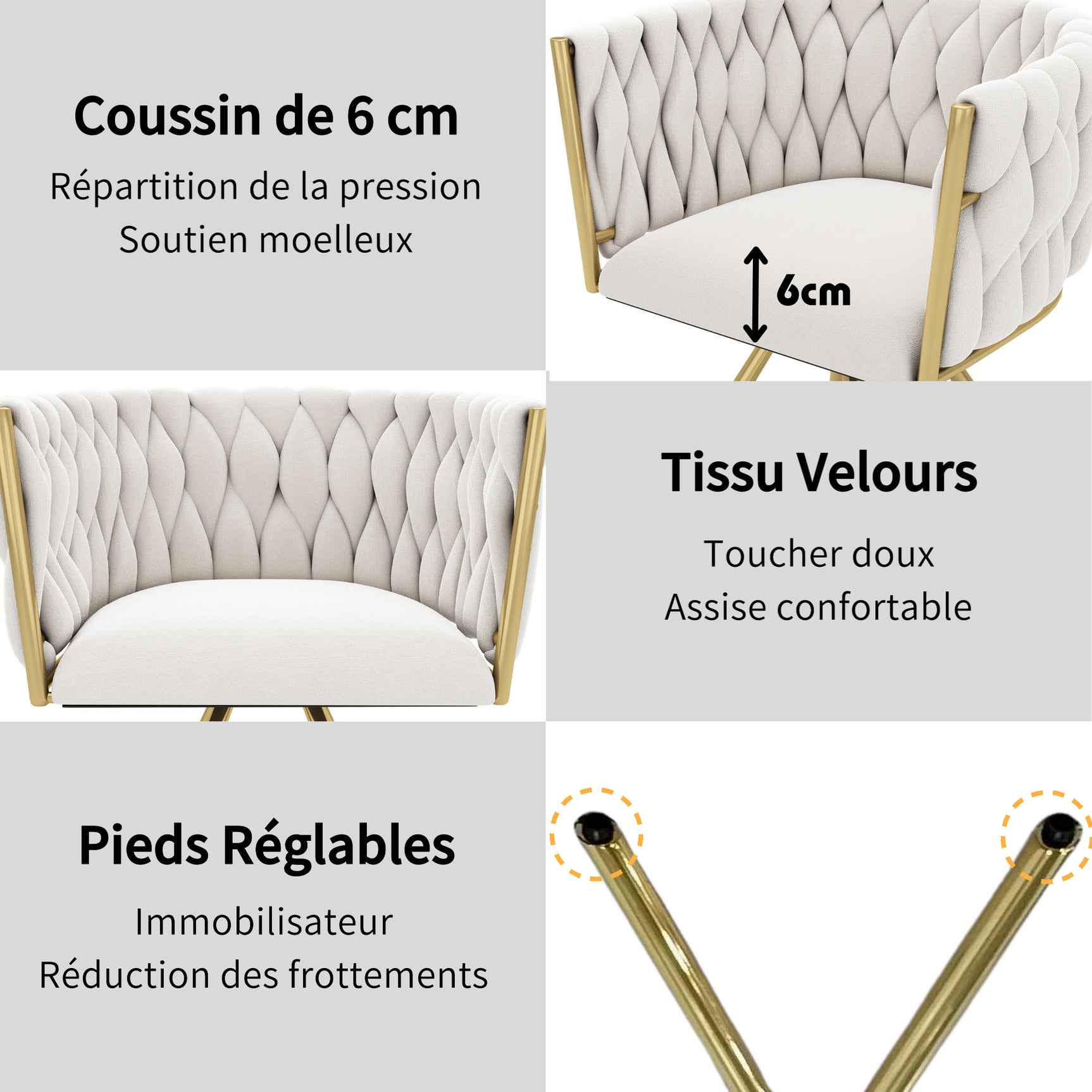 Lot de 6 chaises pivotantes de salle à manger en velours beige avec pieds en métal doré
