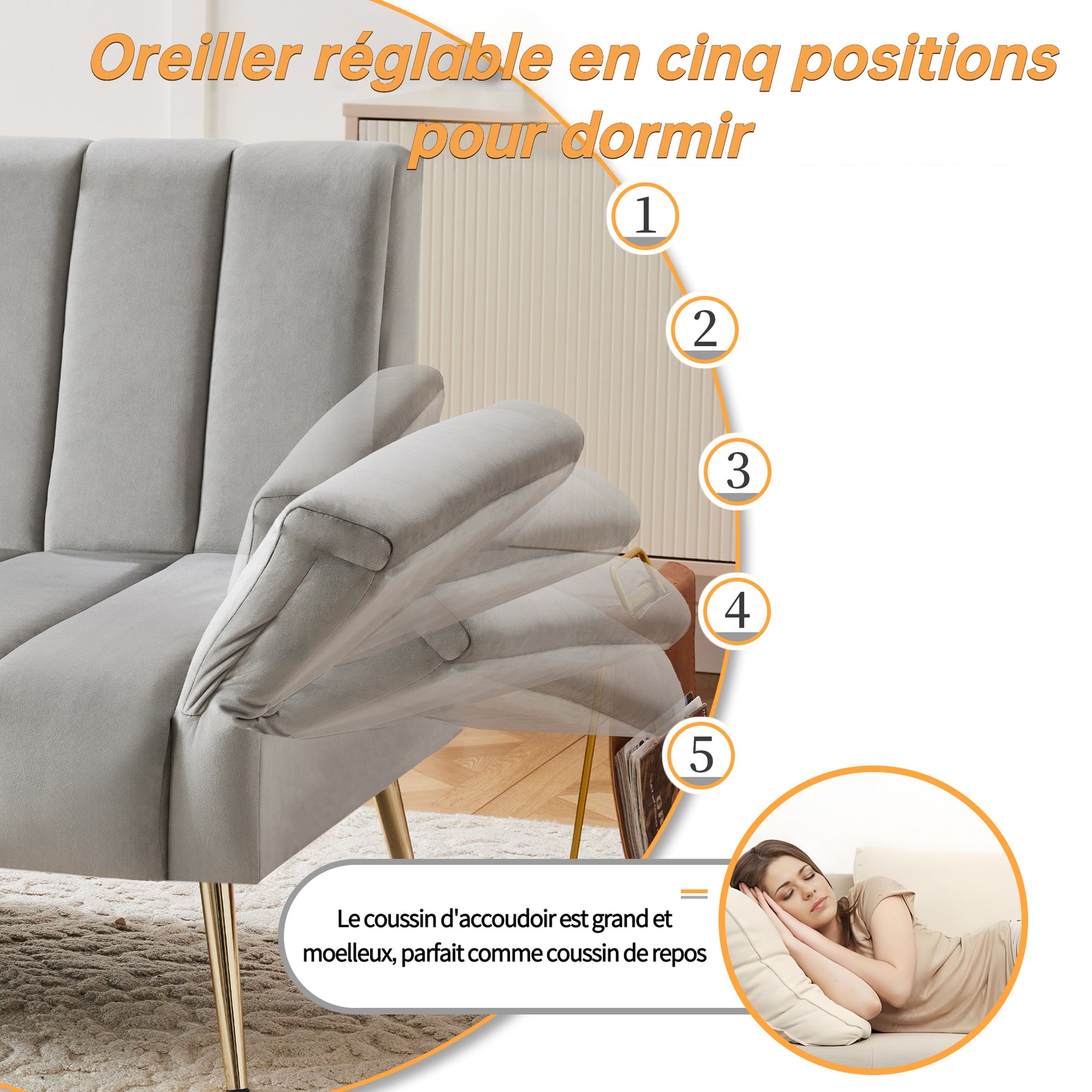 Sofa-lit pliant moderne en velours 183x76x75 cm – Réglable en 5 angles, pieds métalliques, idéal pour salon et chambre d’invités
