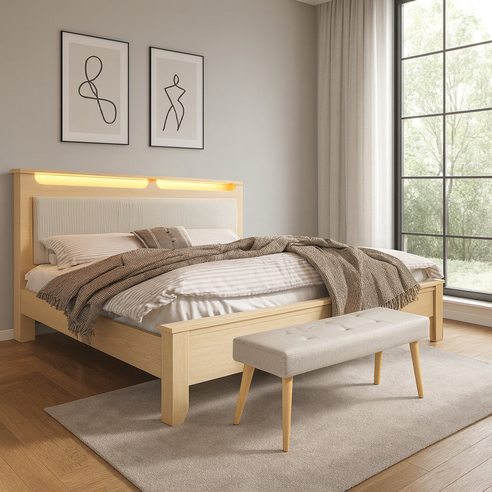 Double bed 160x200 cm in wood with box spring, headboard with integrated LED, padded back in beige chopped fabric and practical storage space (mattresses not included)