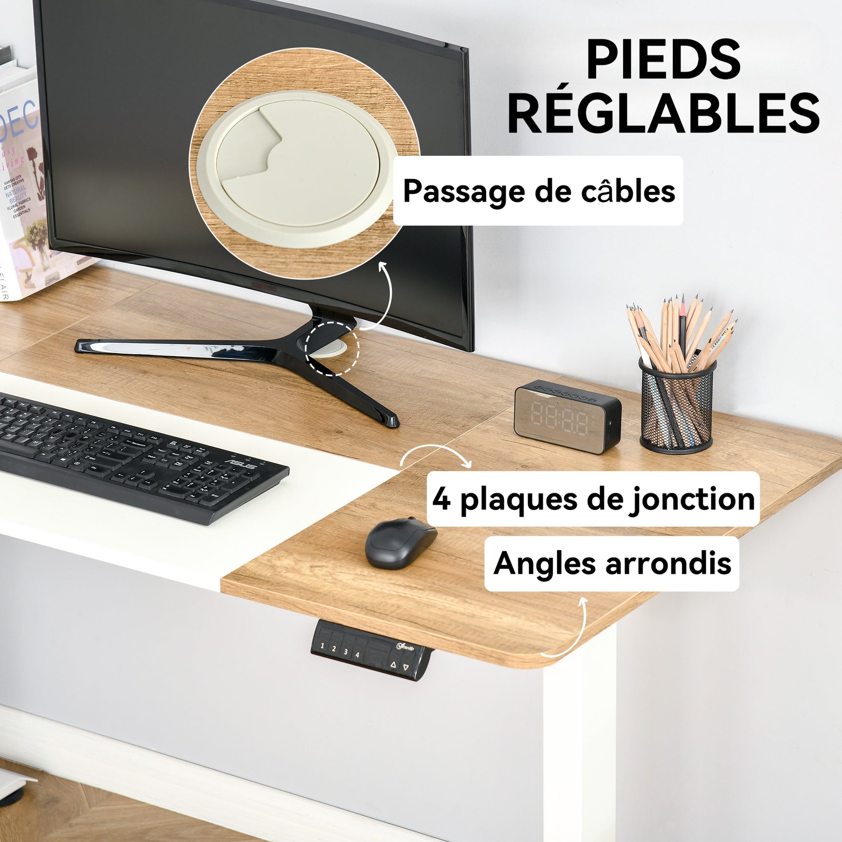 Table de bureau électrique réglable en hauteur 140x70 cm Stehschreibtisch avec moteur, cadre en métal, design nature+blanc pour bureau et espace de travail