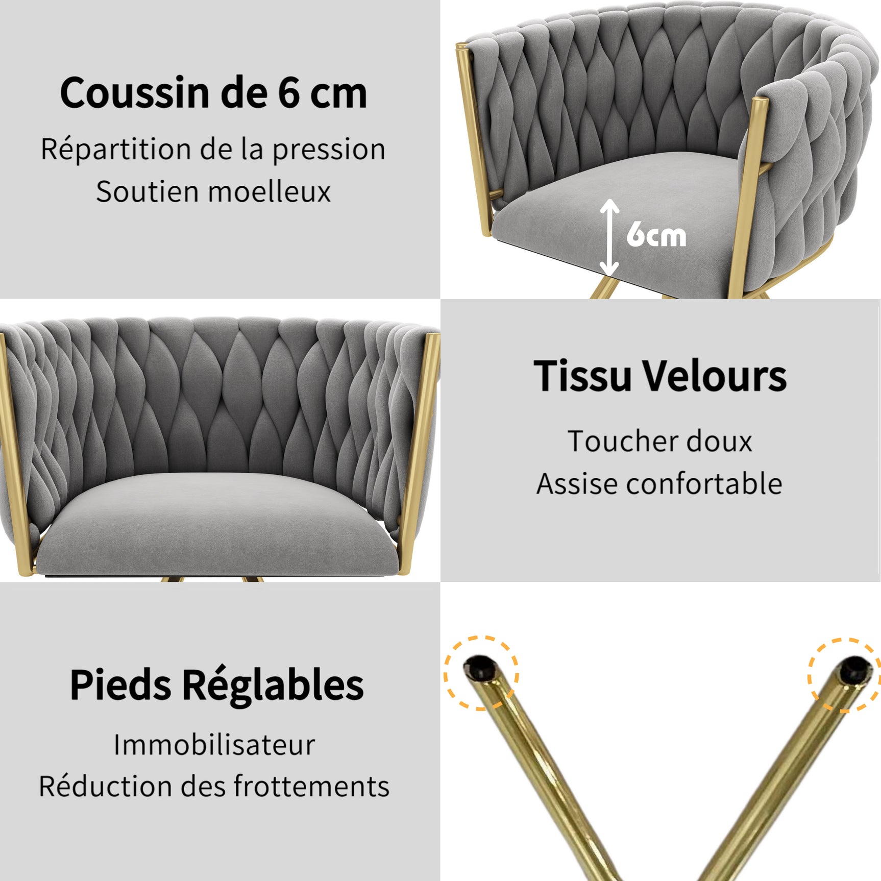 Lot de 6 chaises pivotantes de salle à manger en velours gris avec pieds en métal doré