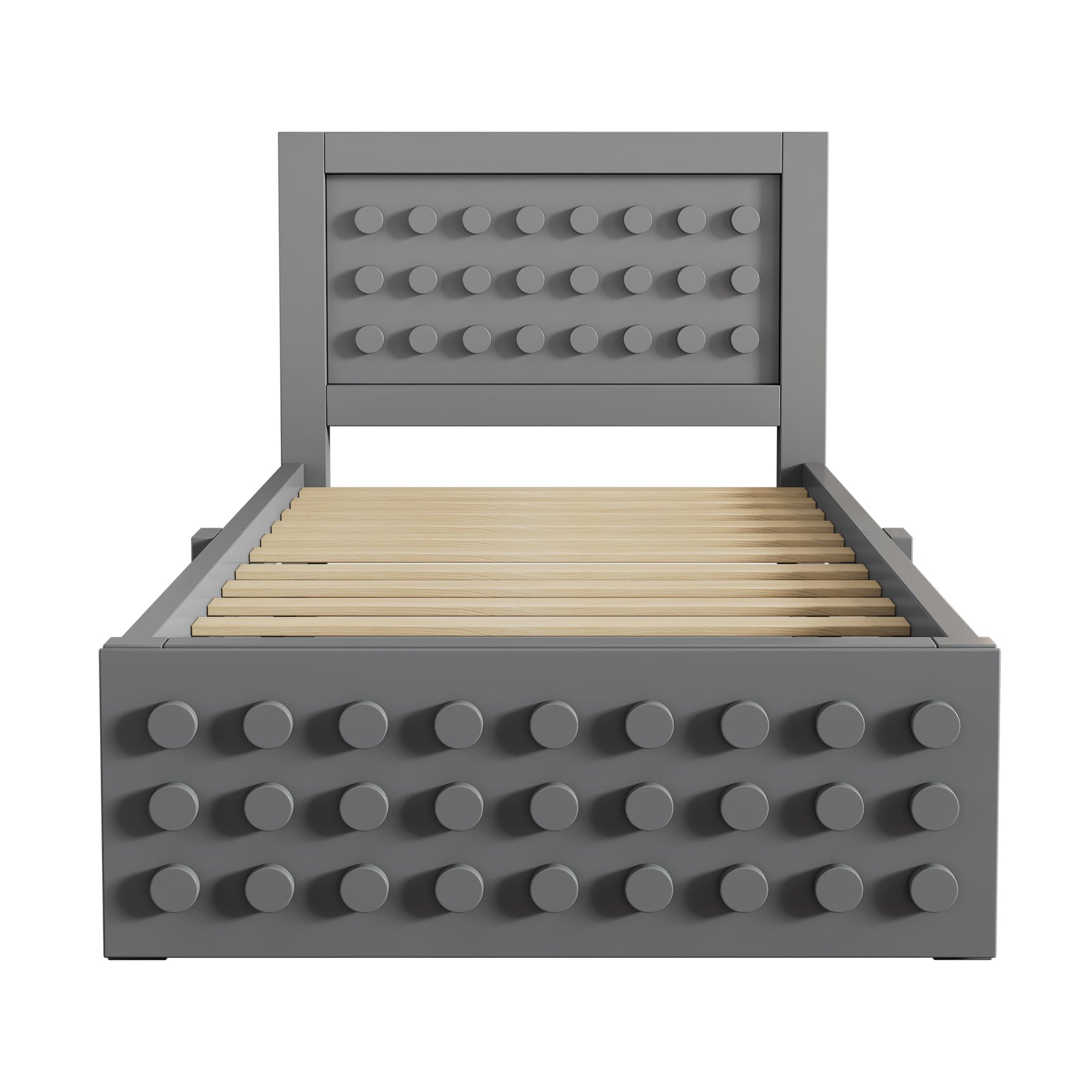 Lit enfant gris 90x200 cm avec tiroir de rangement et design créatif en blocs, cadre en bois massif