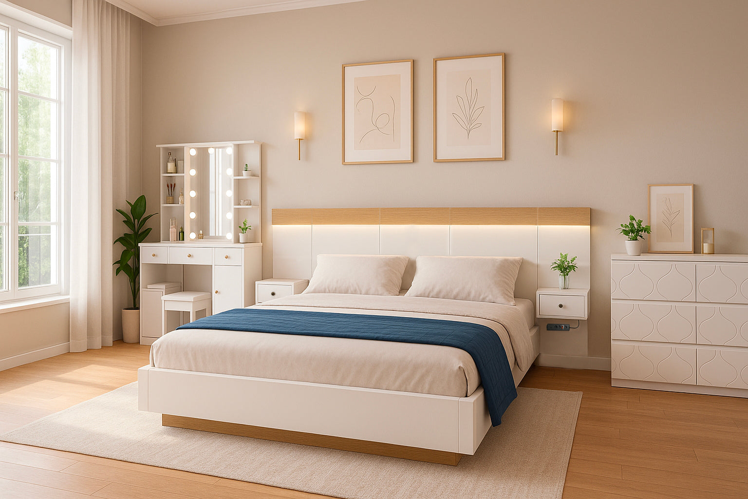 Lit double 140x200 cm avec sommier, tête de lit et 2 tables de chevet LED avec ports USB-C intégrés (sans matelas) , 205x244x90,5 cm