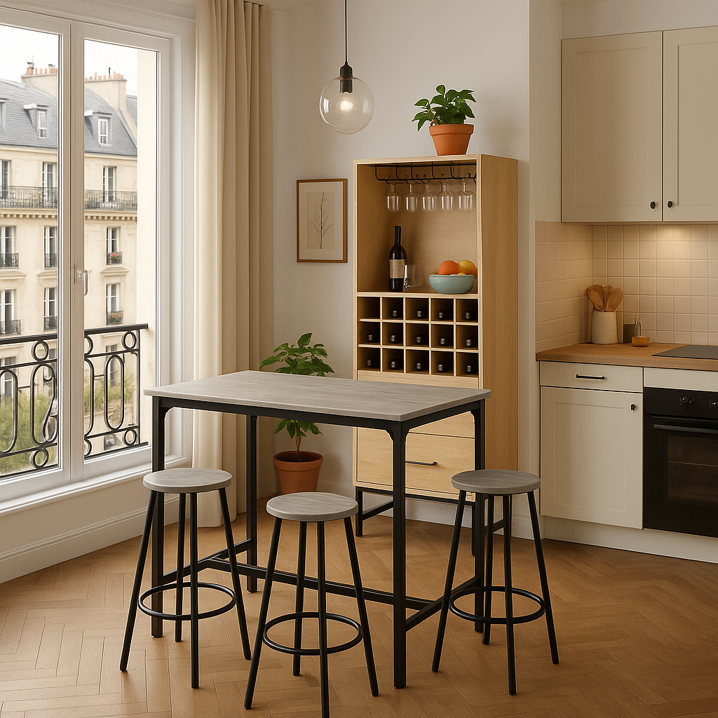 Hochtisch -Set mit vier grauen Industrie -Designhocker