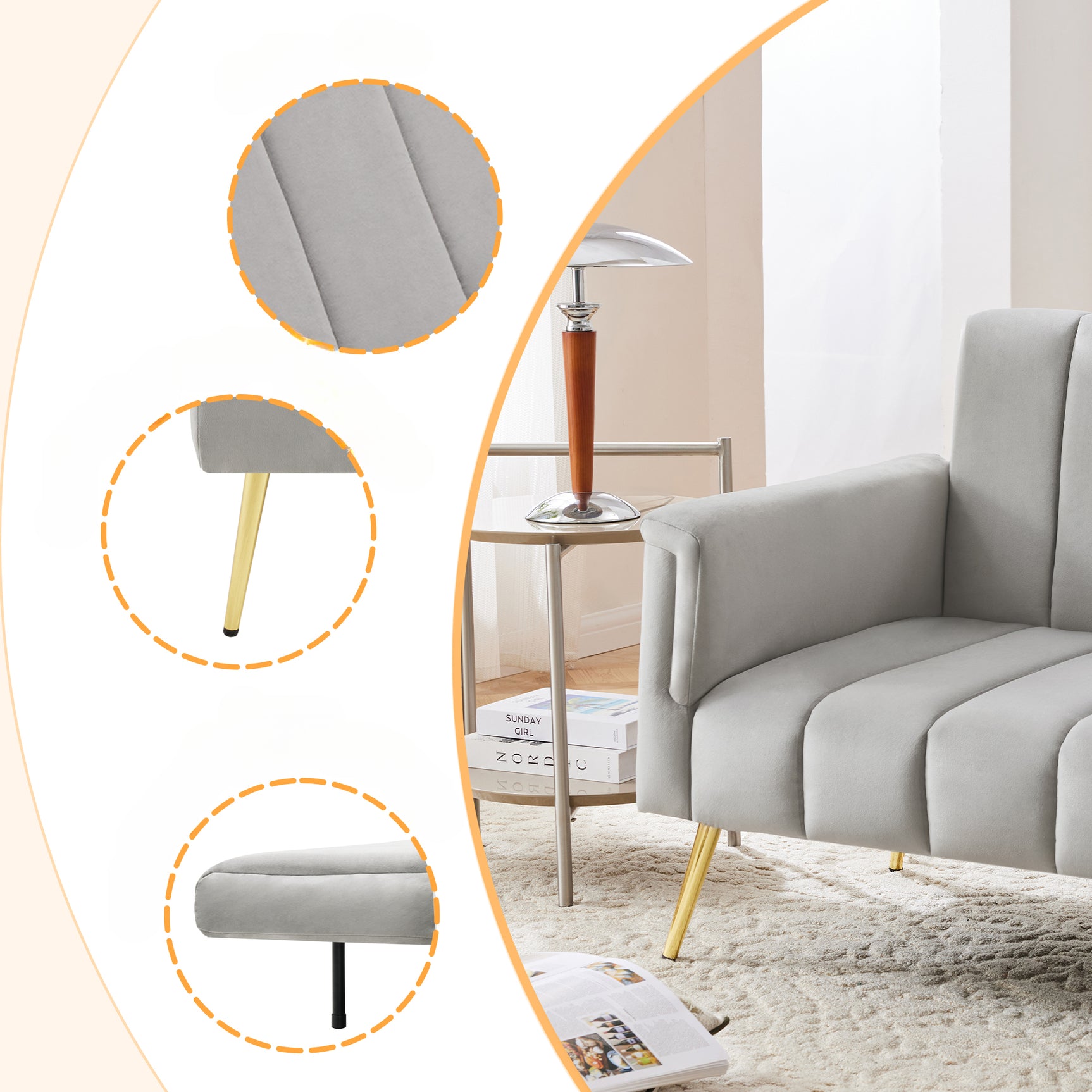 Sofa-lit pliant moderne en velours 183x76x75 cm – Réglable en 5 angles, pieds métalliques, idéal pour salon et chambre d’invités