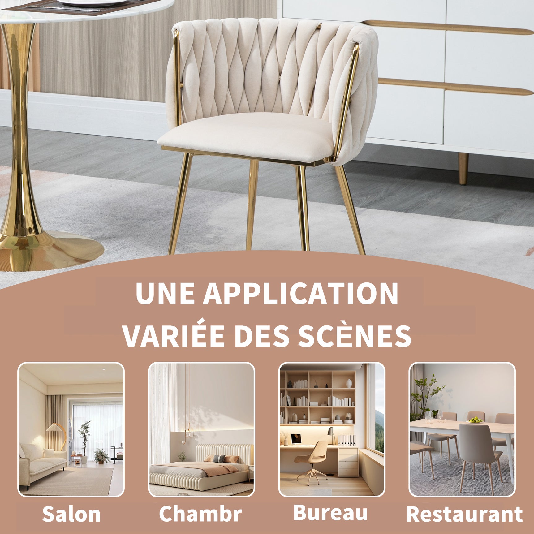 Set aus 4 Esszimmerstühlen im Industriestil mit geflochtener Rückenlehne aus beigem Stoff – MILIANA