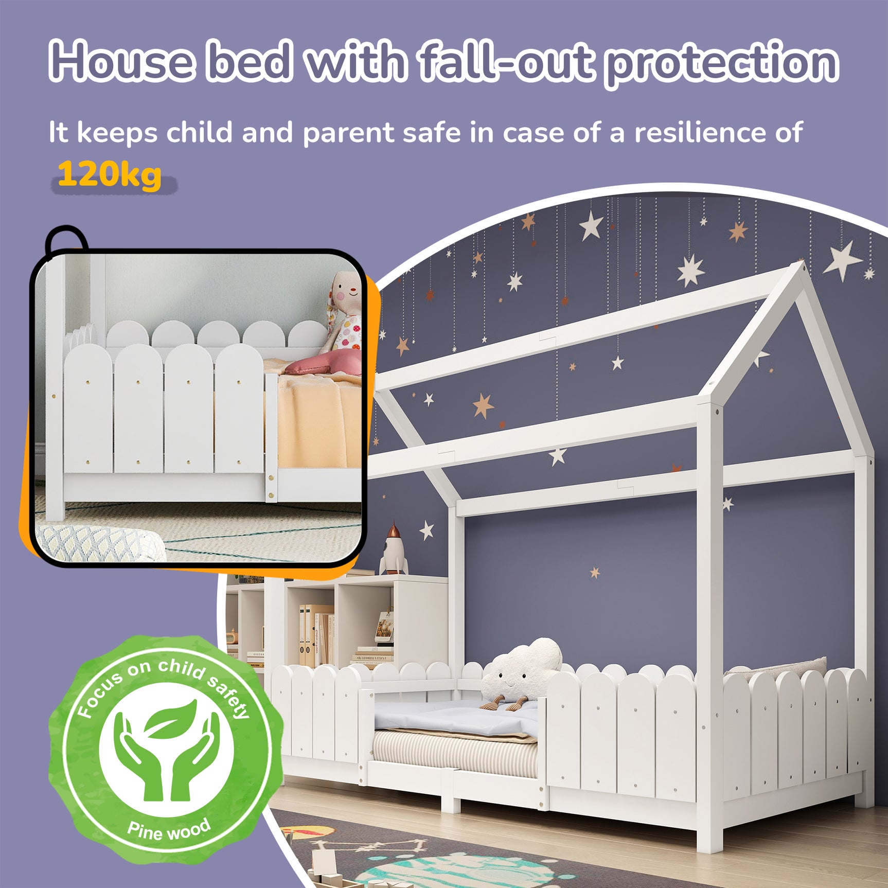 Kinderkabine 90x200 cm weiß in festem Holz mit Sicherheitsbarrieren und Schleiferboxen (ohne Matratzen)