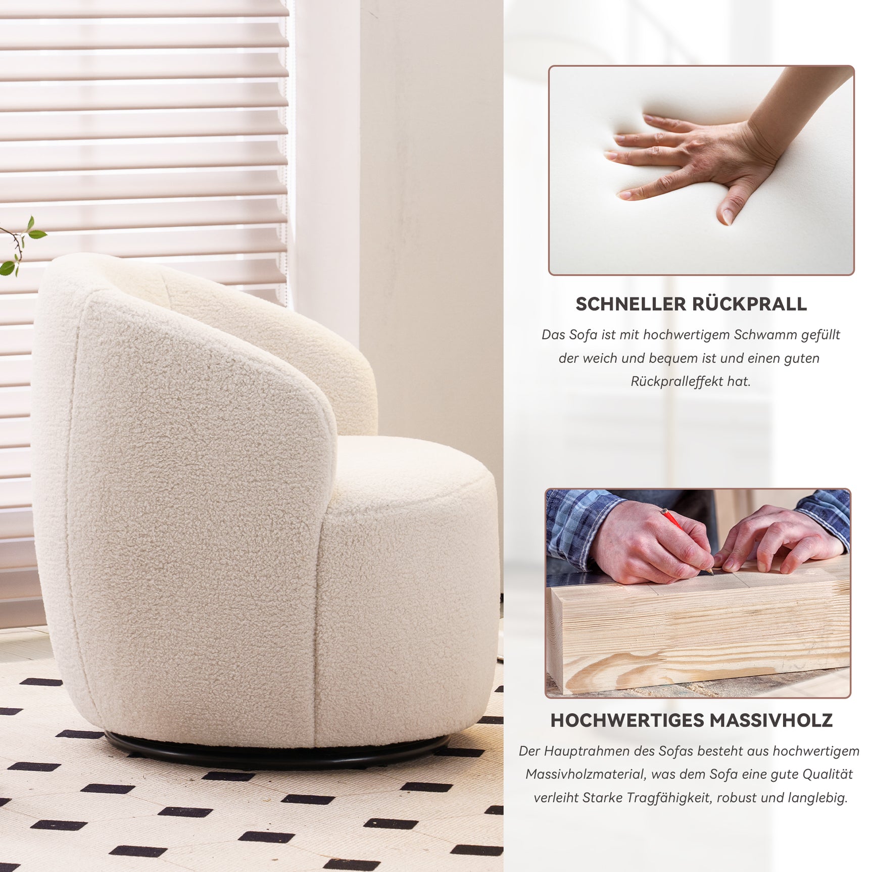 Fauteuil pivotant en tissu Teddy blanc, design œuf avec dossier rembourré et base rotative 360°