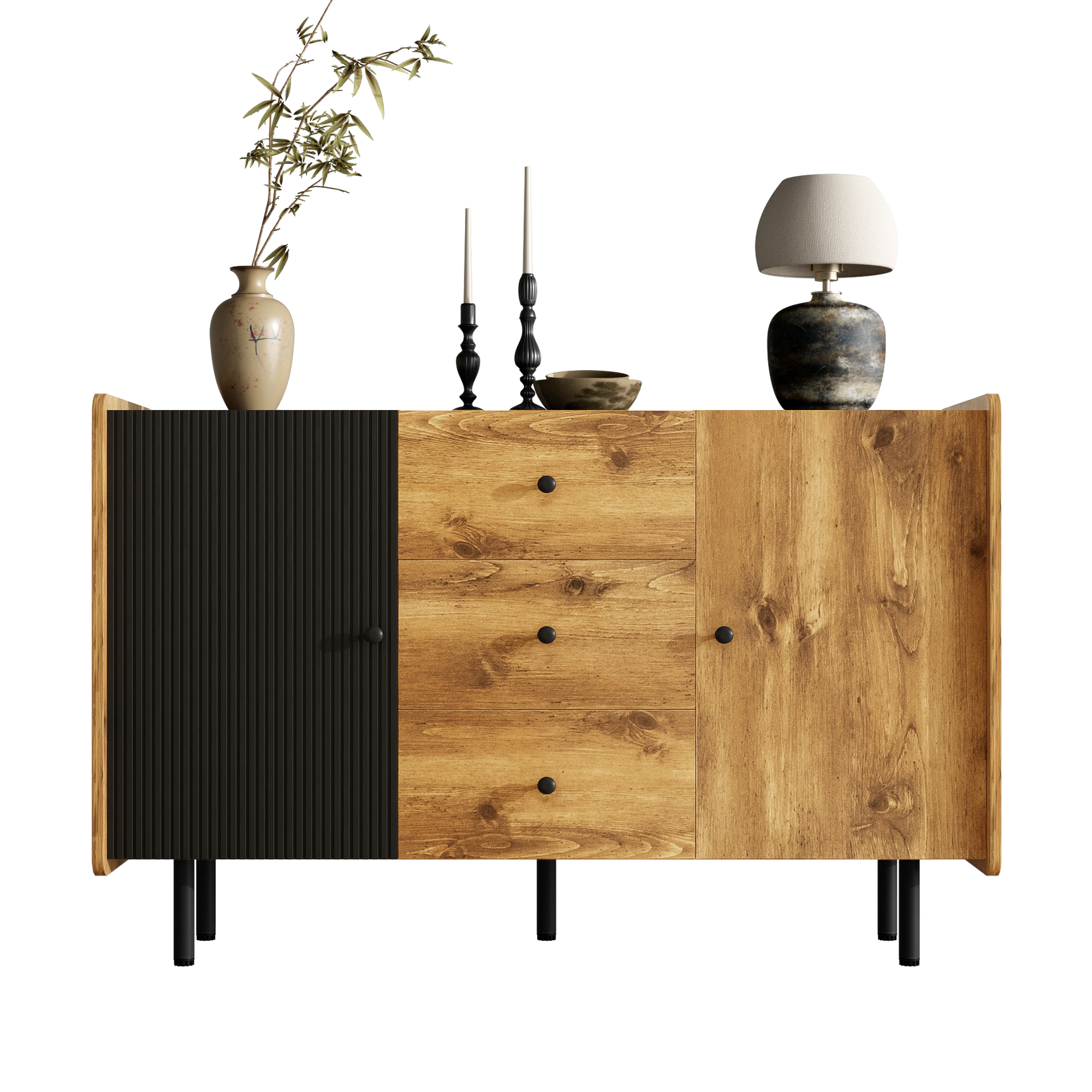 Buffet moderne 120 cm noir et bois avec 2 portes et 3 tiroirs, sideboard design avec grand espace de rangement