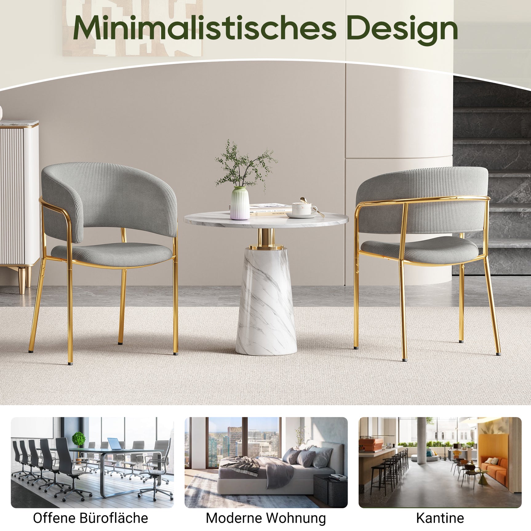 Set von 2 modernen grauen Stühlen mit gehacktem Stoff mit geneigten Holz- und Metallfüßen, ergonomischen Rückenlehnen und verstellbaren Füßen