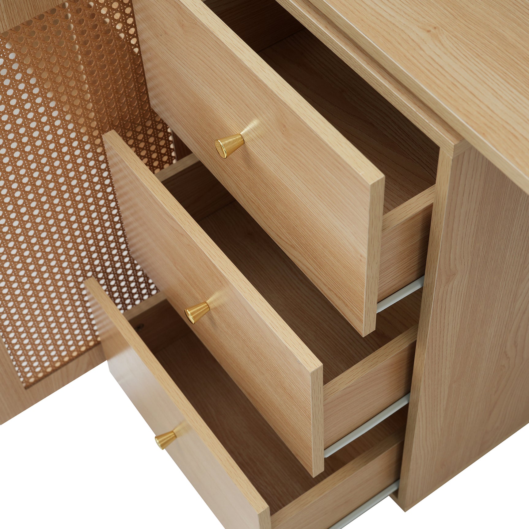 Bureau d'angle en L avec portes en cannage, table pivotante et espace de rangement