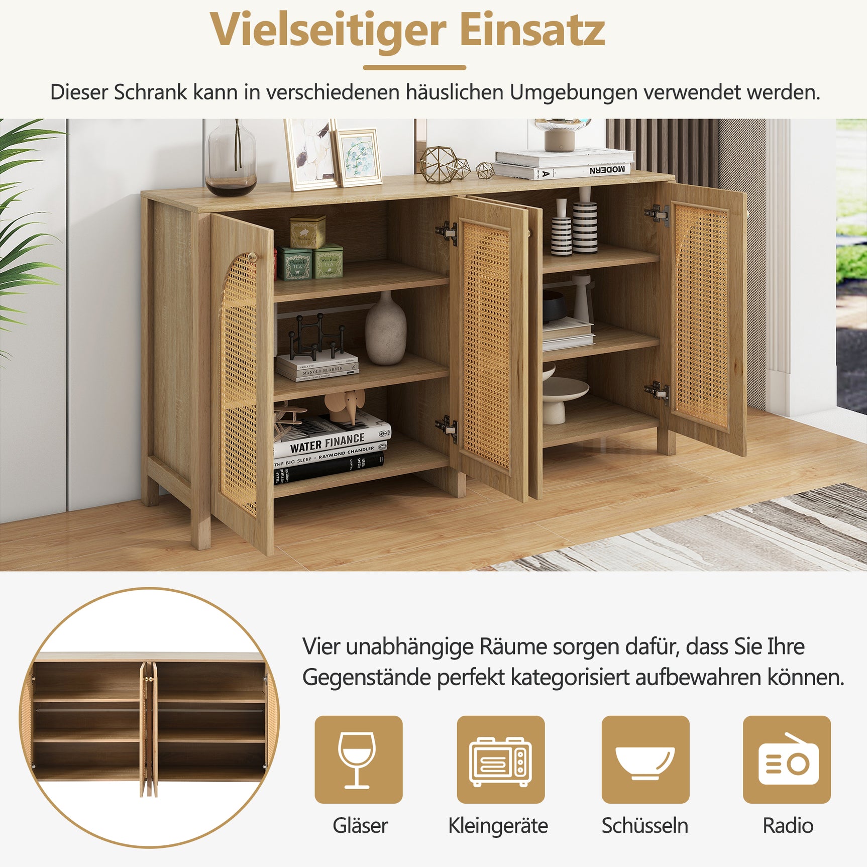 Modernes, minimalistisches Sideboard aus Naturholz mit 4 Rohrtüren und Metallgriffen
