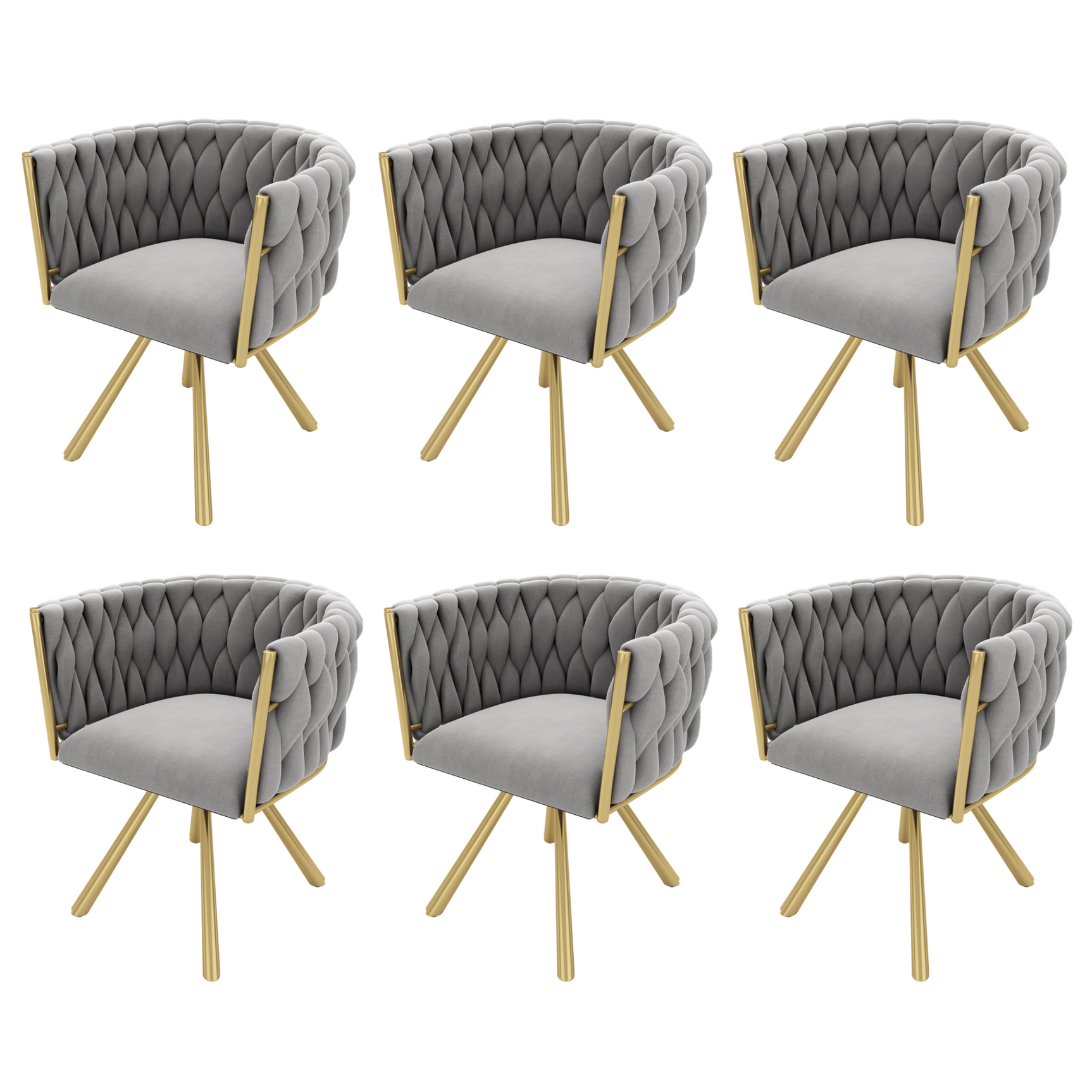 Lot de 6 chaises pivotantes de salle à manger en velours gris avec pieds en métal doré