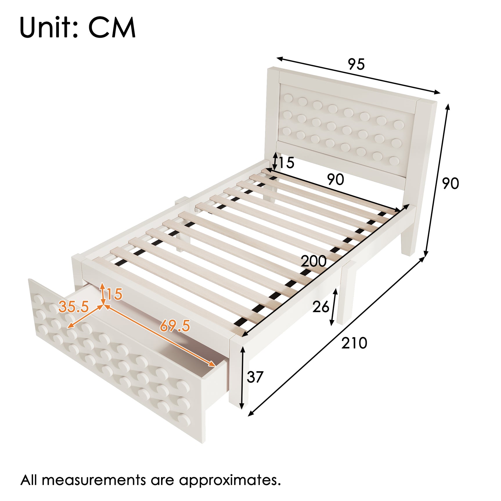 Lit enfant blanc 90x200 cm avec tiroir de rangement et design créatif en blocs, cadre en bois massif