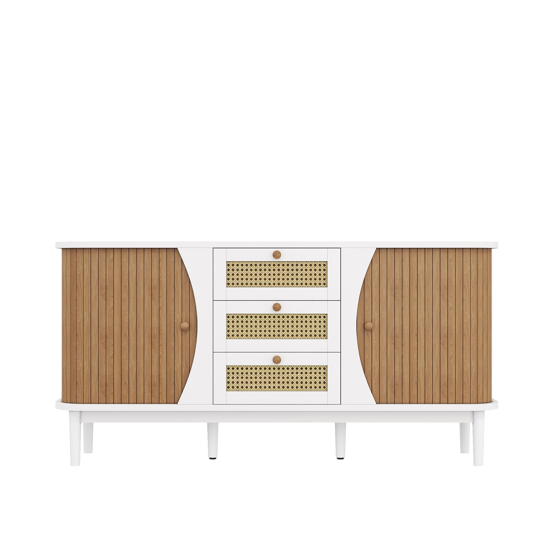 Modern white buffet with 3 rattan drawers and sliding doors