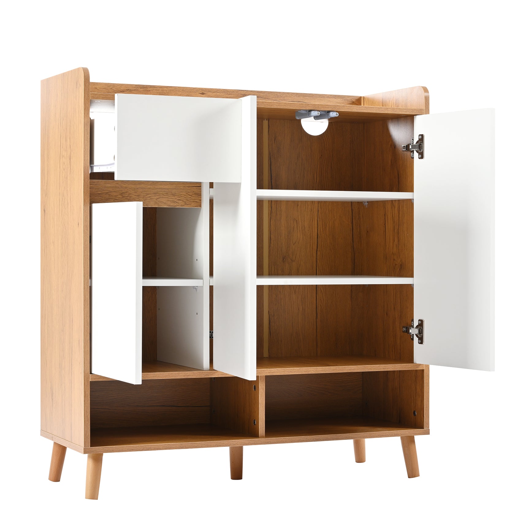 Commode / buffet / meuble à chaussures blanc et bois 90x35x99 cm avec étagères réglables et pieds en bois massif