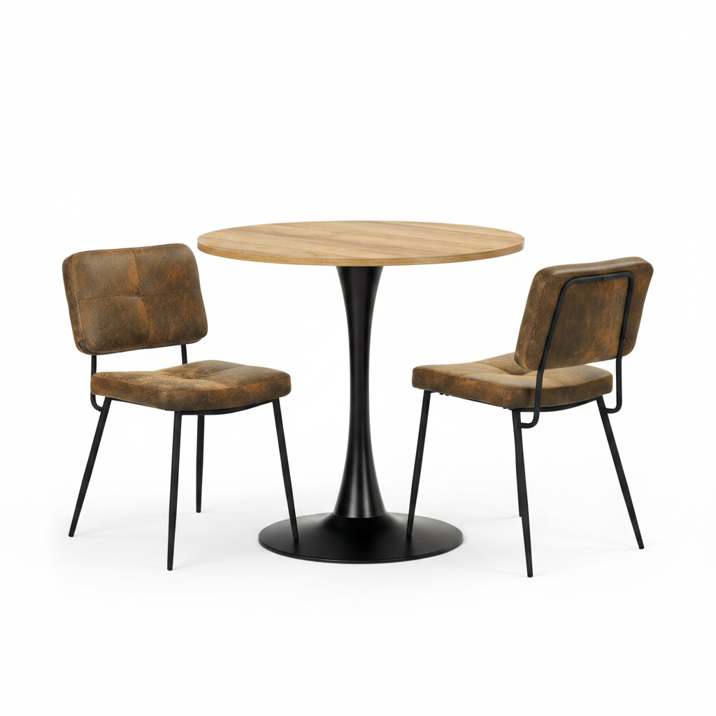 Round Table Table Table Table Timber Ø80 cm with 4 black velvet chairs, modern and comfortable style