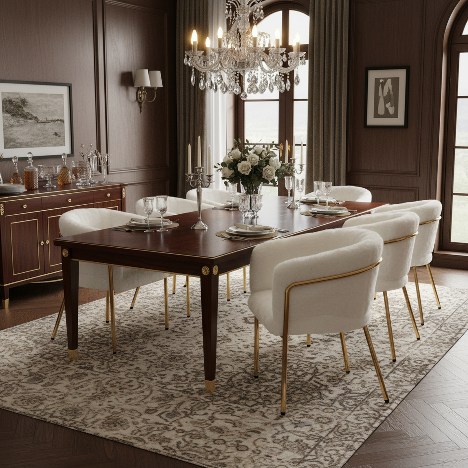 Lot de 6 chaise de loisirs individuelle en imitation de velours de lapin Chaise élégante à quatre pieds en métal beige pour salon chambre à coucher et salle à manger