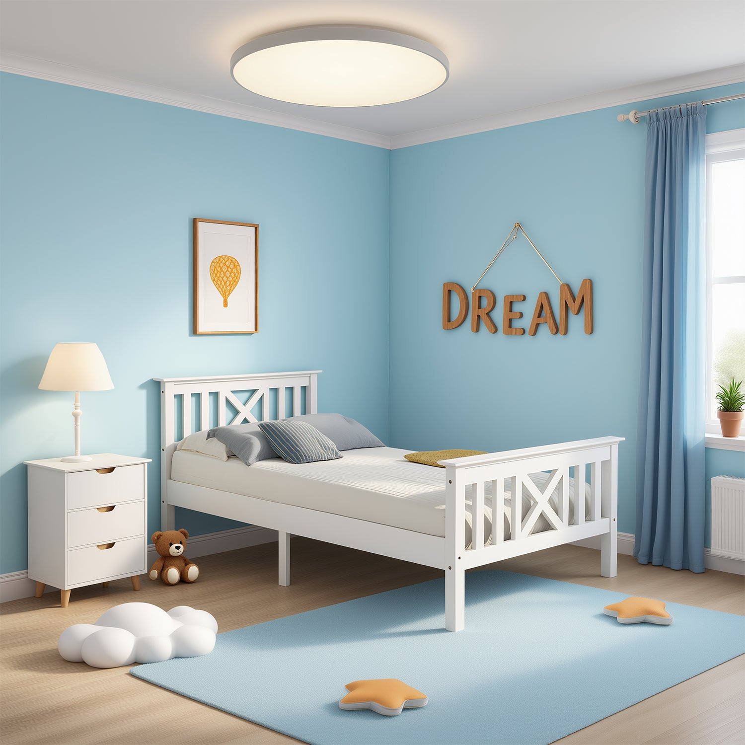 Einzelbett 90x200 cm weiß aus massivem Kiefernholz mit Lattenrost und Kopfteil (ohne Matratze)