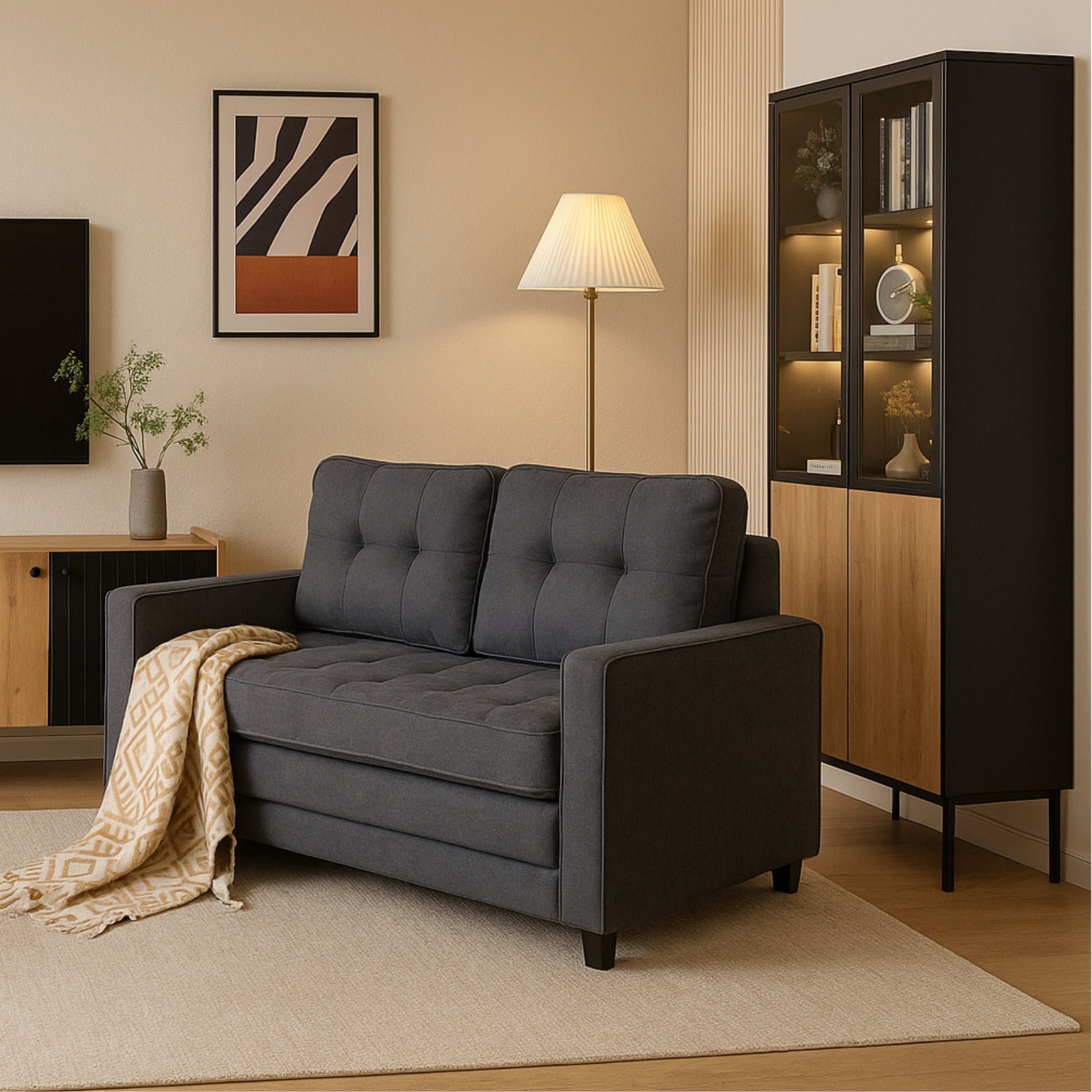 2-seater sofa bed in dark gray fabric with side pockets, modern convertible sofa