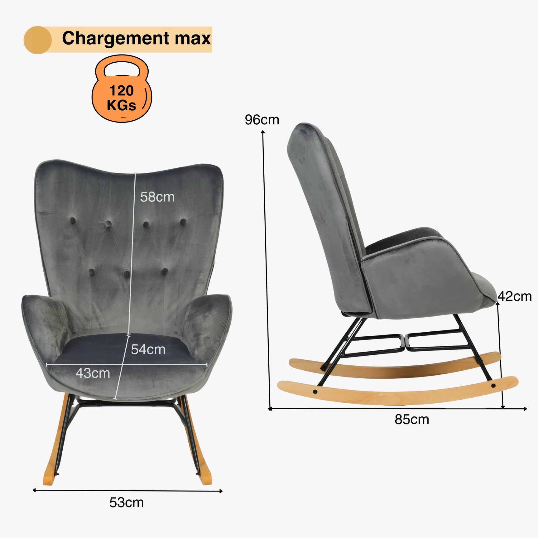 Fauteuil à bascule allaitement scandinave avec accoudoirs en velours gris capitonné - EPPING