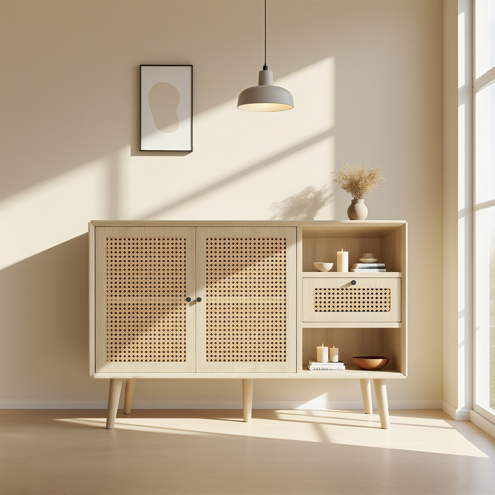 Holzbuffet Eiche Finish mit 1 Schublade und 2 Rattan -Magnettüren, verstellbaren Regalen und festen Holzfüßen für elegante und praktische Lagerung. - 120x40x80 cm