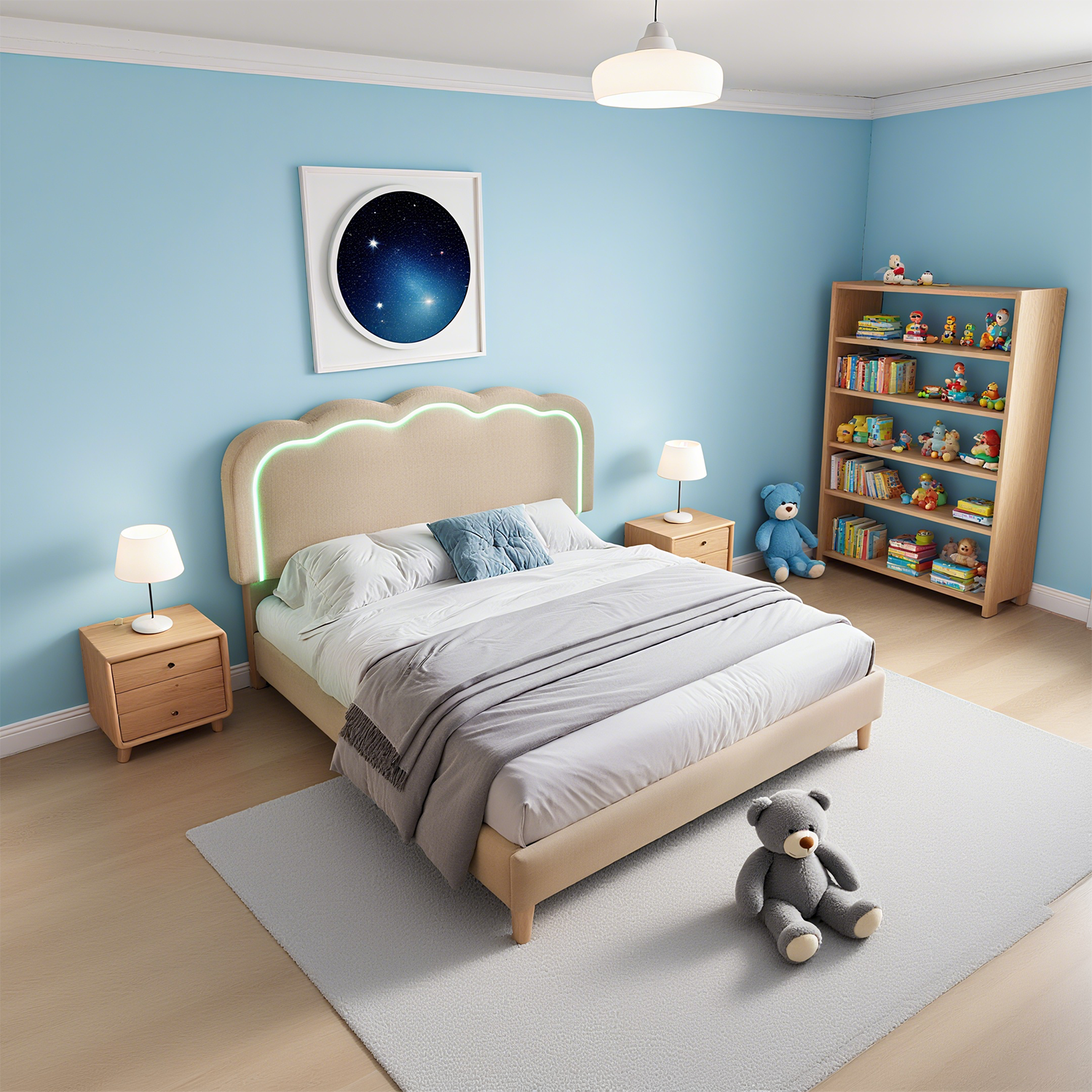 Lit double rembourré LED 140×200 cm en lin beige avec tête de lit réglable et sommier à lattes (sans matelas)