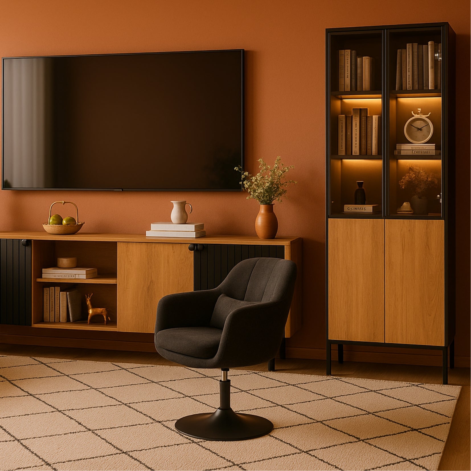 180 cm LED-Vitrine aus gehärtetem Glas in Schwarz/Eiche mit verstellbaren Einlegeböden