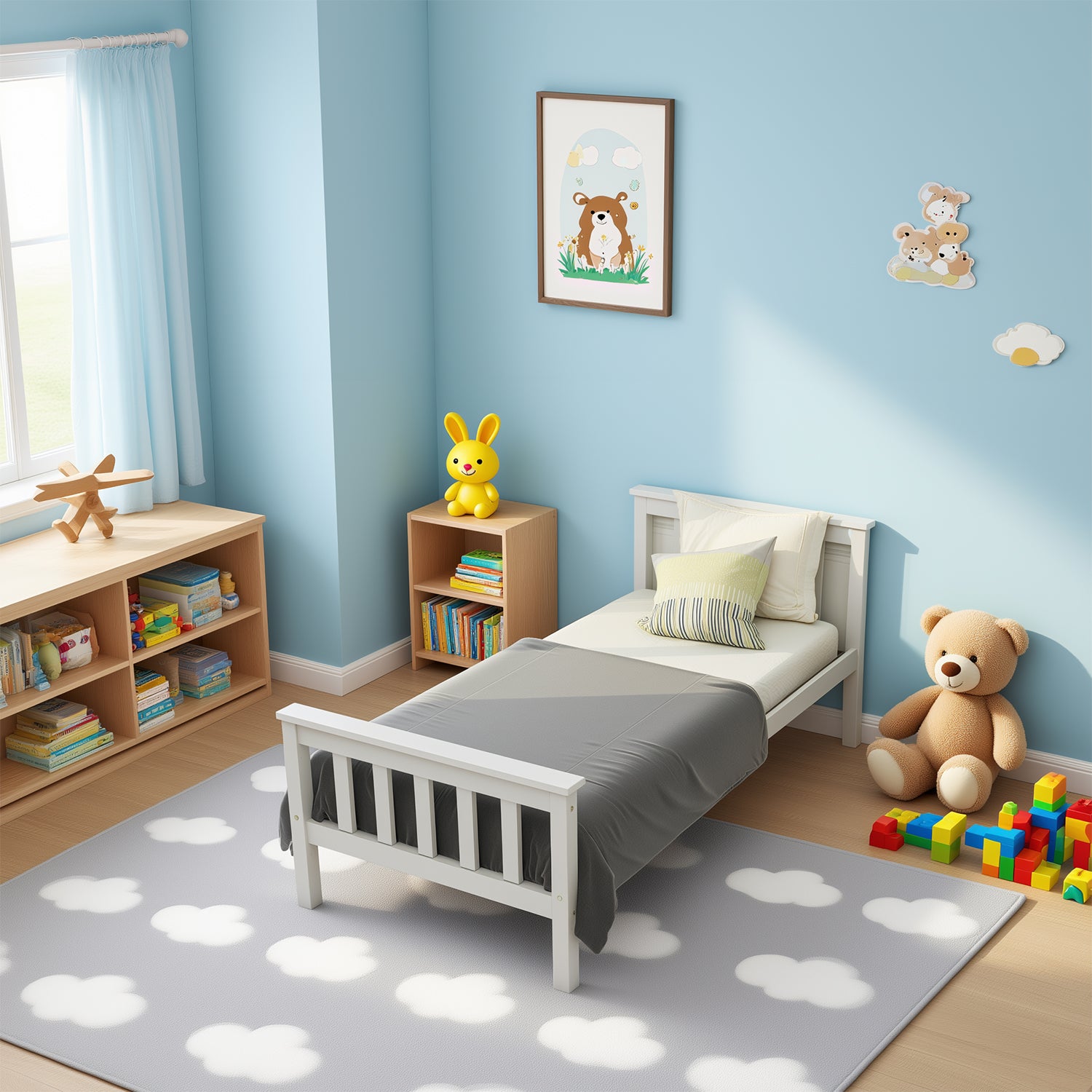 Lit simple 90x200 cm blanc en bois massif de pin avec sommier à lattes et tête de lit (sans matelas)