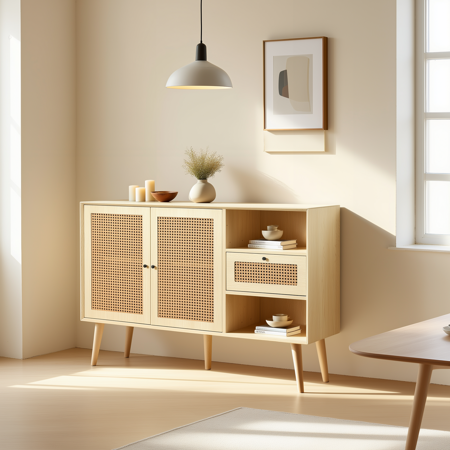 Holzbuffet Eiche Finish mit 1 Schublade und 2 Rattan -Magnettüren, verstellbaren Regalen und festen Holzfüßen für elegante und praktische Lagerung. - 120x40x80 cm