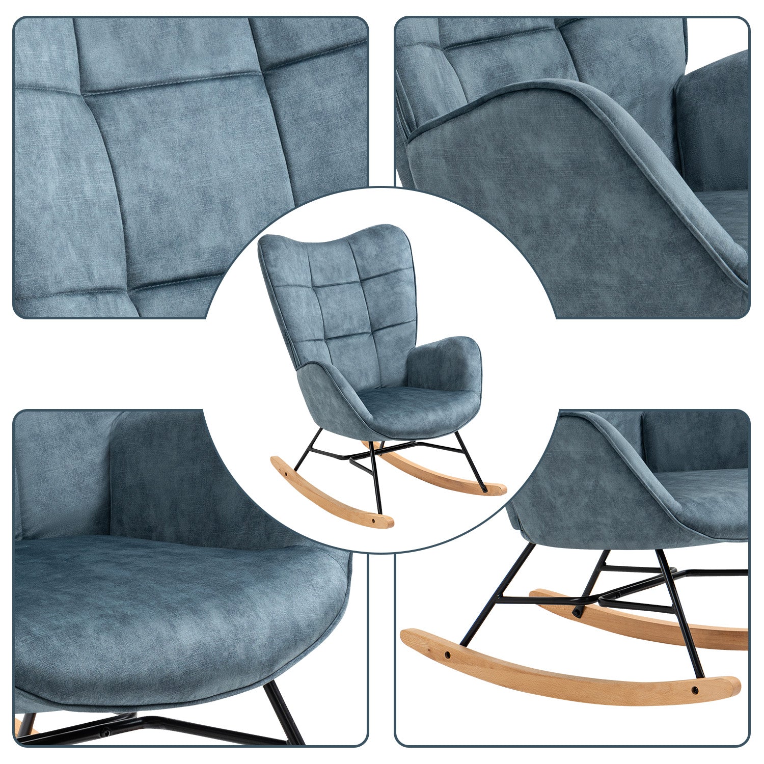 Scandinavian breastfeeding armchair with blue velvet armrests with stitching - kelan