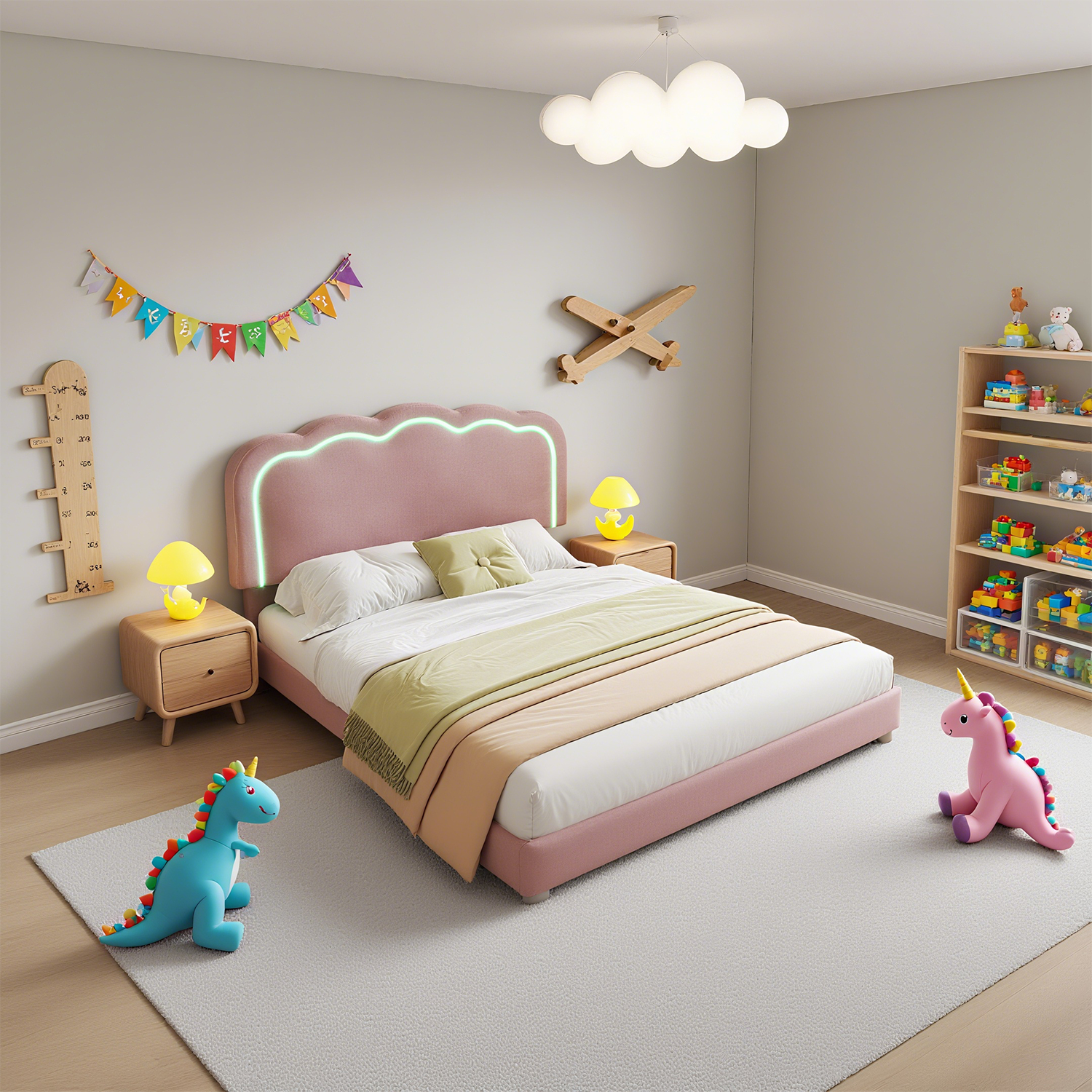 Gepolstertes Kinderbett 90×190 cm mit LED, in rosa Samt mit verstellbarem Kopfteil und Lattenrost (ohne Matratze)