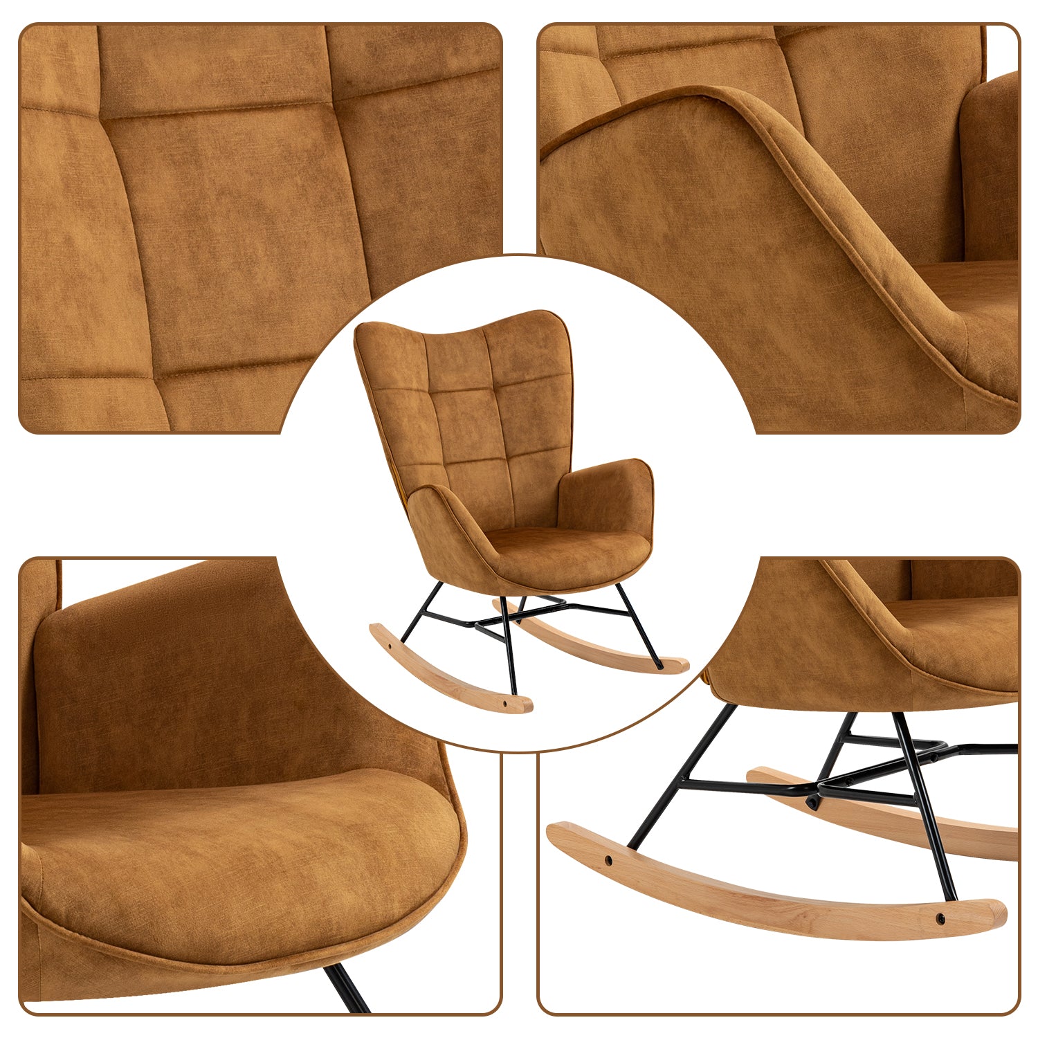 Fauteuil à bascule allaitement scandinave avec accoudoirs en velours moutarde à surpiqûres - KELAN