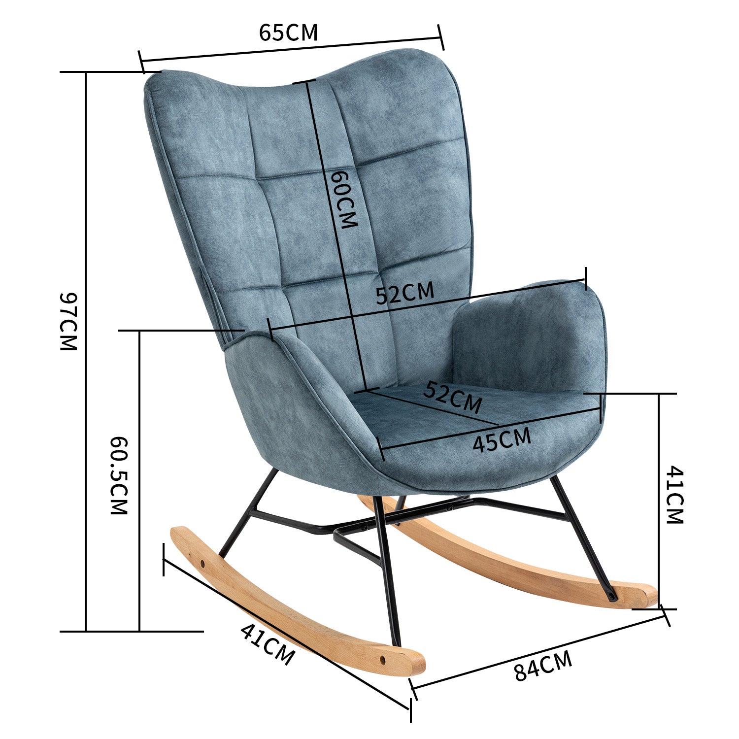 Scandinavian breastfeeding armchair with blue velvet armrests with stitching - kelan