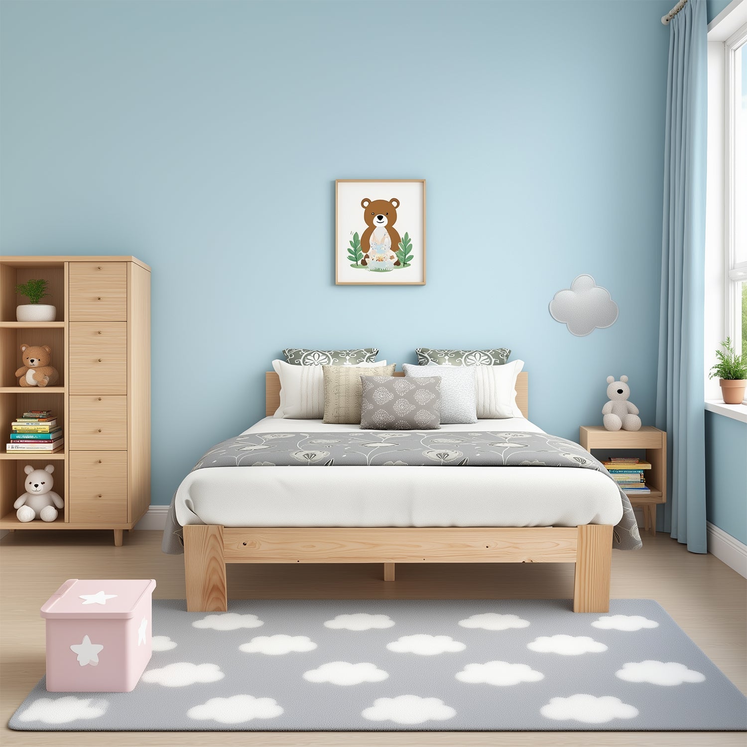 Lit double 140x200 cm en bois massif de pin naturel avec sommier à lattes et tête de lit, structure robuste et design intemporel, sans matelas.