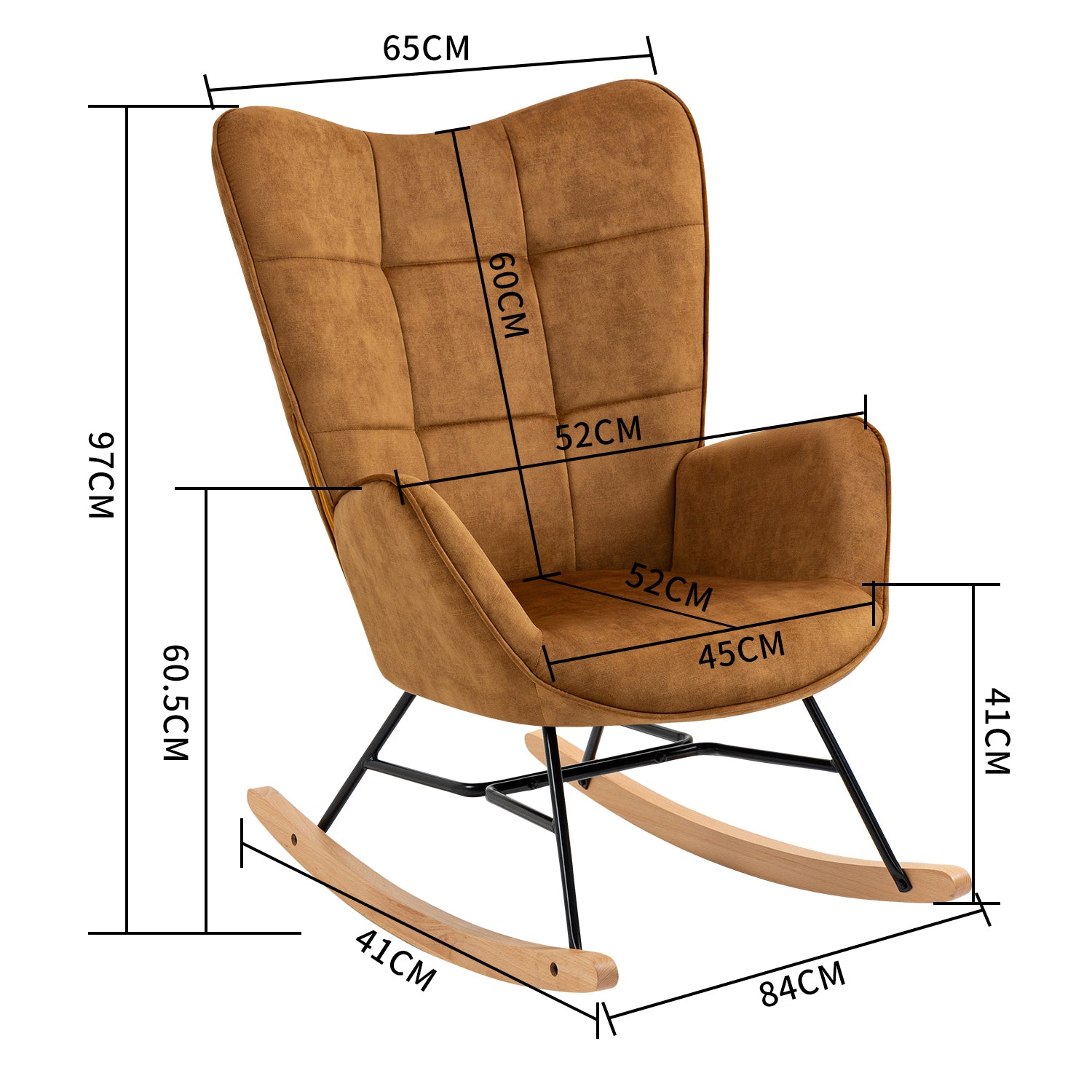 Fauteuil à bascule allaitement scandinave avec accoudoirs en velours moutarde à surpiqûres - KELAN