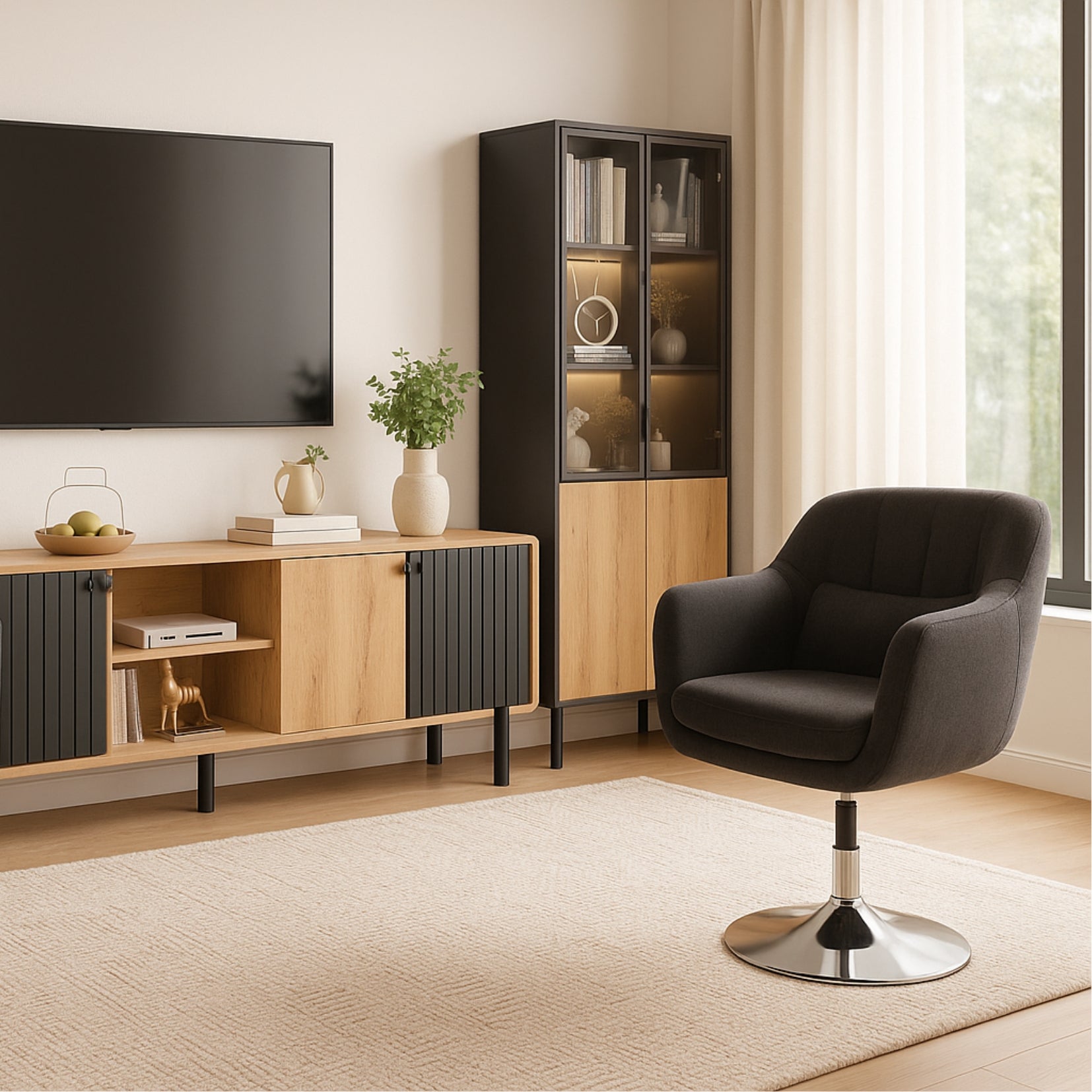 180 cm LED-Vitrine aus gehärtetem Glas in Schwarz/Eiche mit verstellbaren Einlegeböden