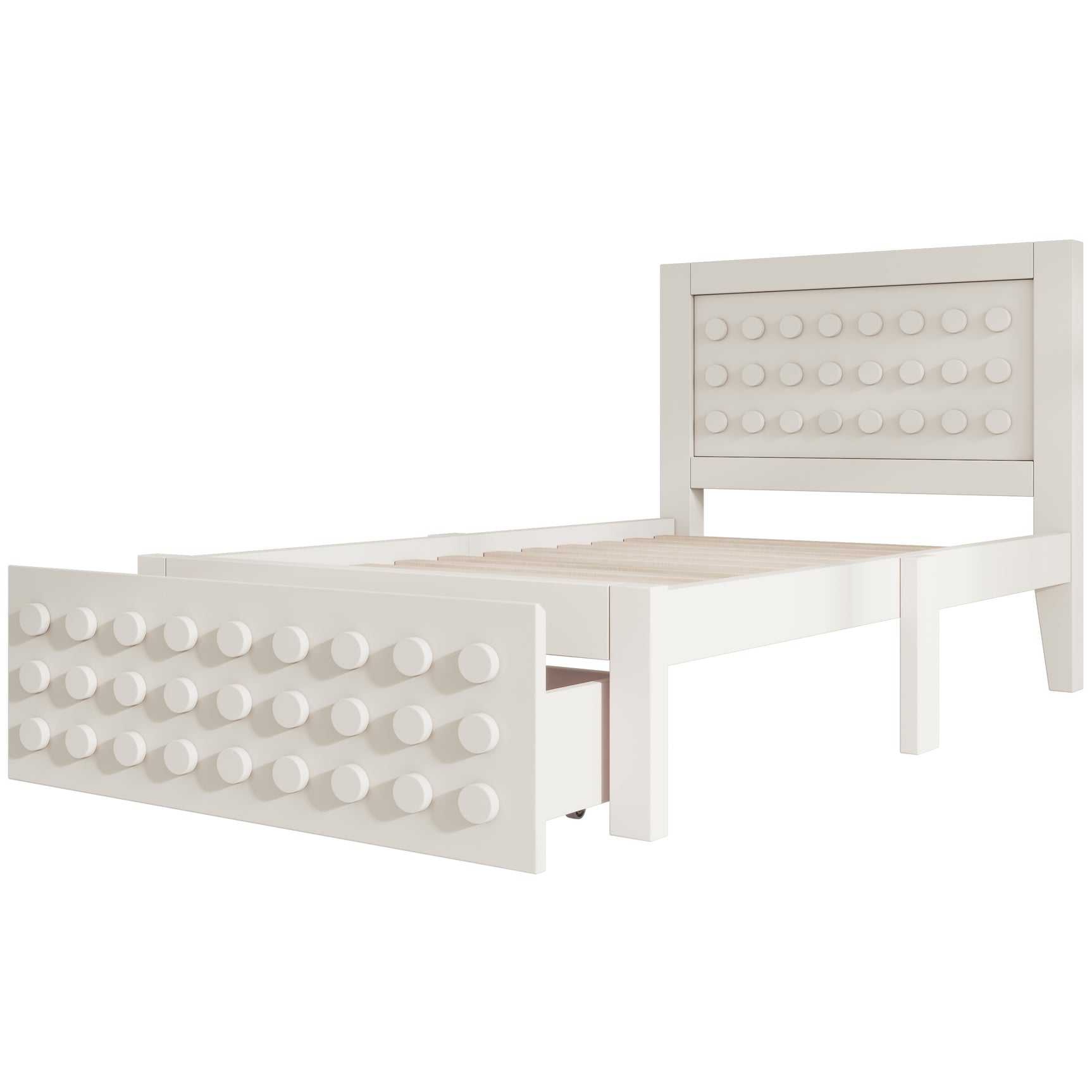 Lit enfant blanc 90x200 cm avec tiroir de rangement et design créatif en blocs, cadre en bois massif