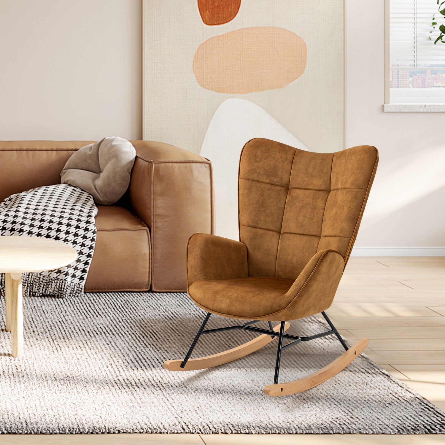 Fauteuil à bascule allaitement scandinave avec accoudoirs en velours moutarde à surpiqûres - KELAN
