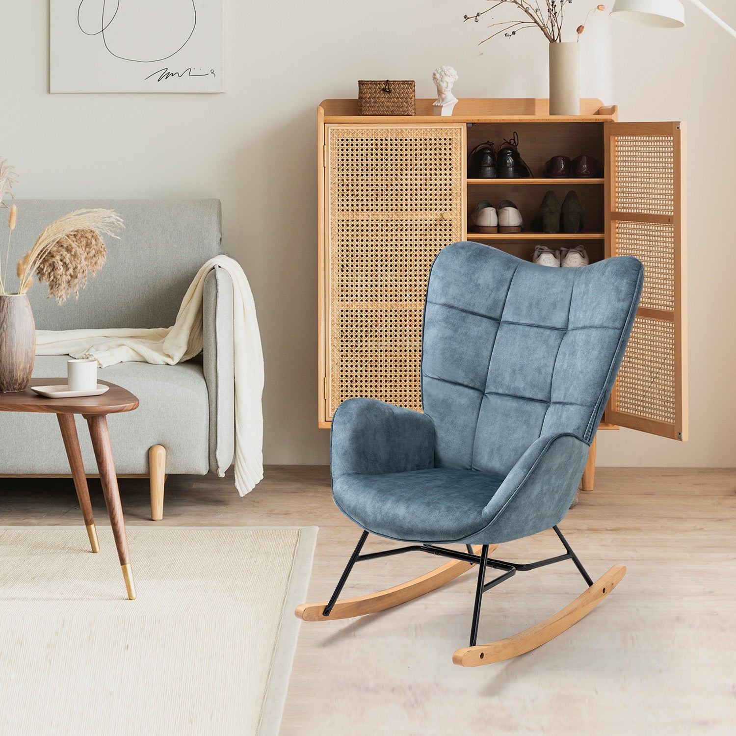 Scandinavian breastfeeding armchair with blue velvet armrests with stitching - kelan