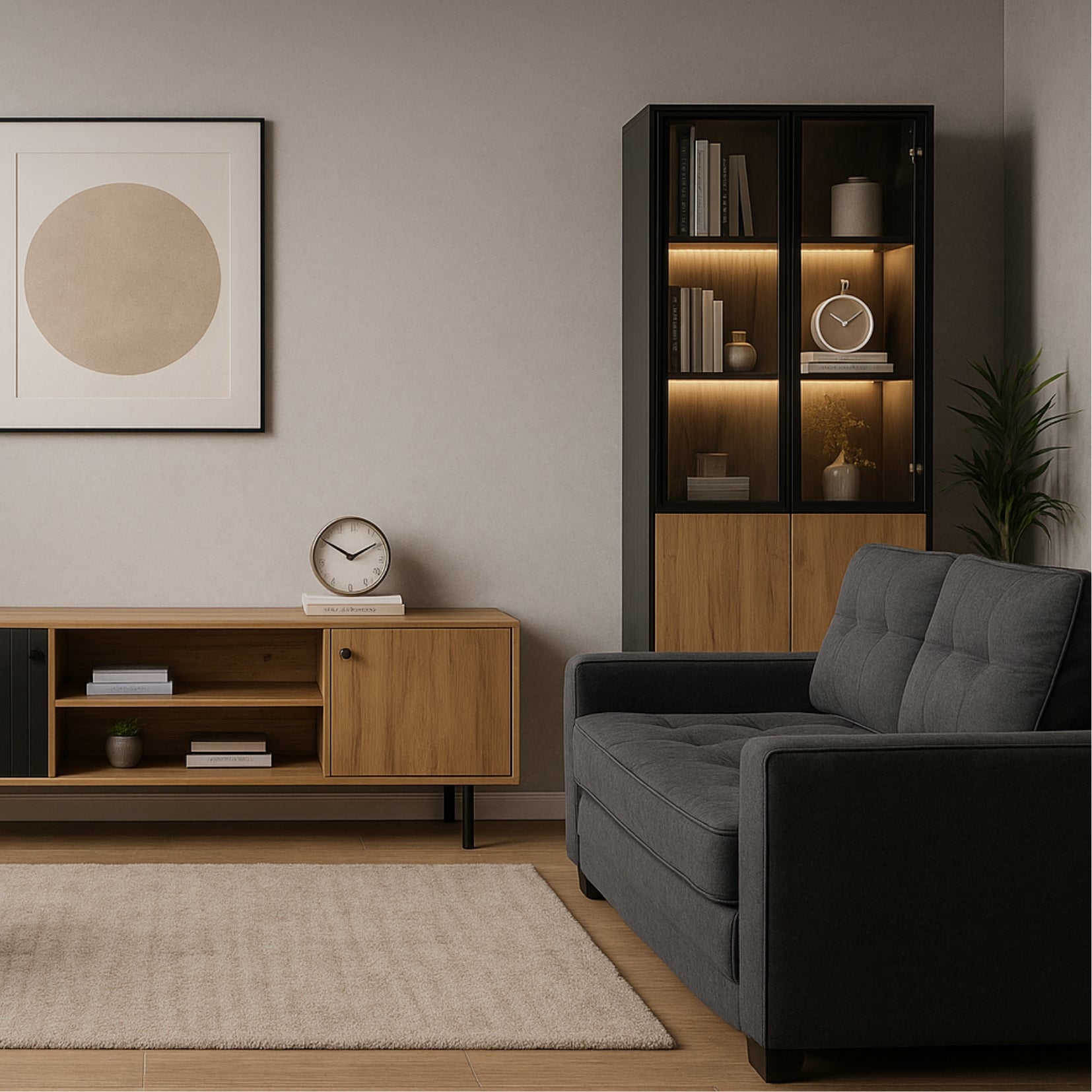 2-seater sofa bed in dark gray fabric with side pockets, modern convertible sofa