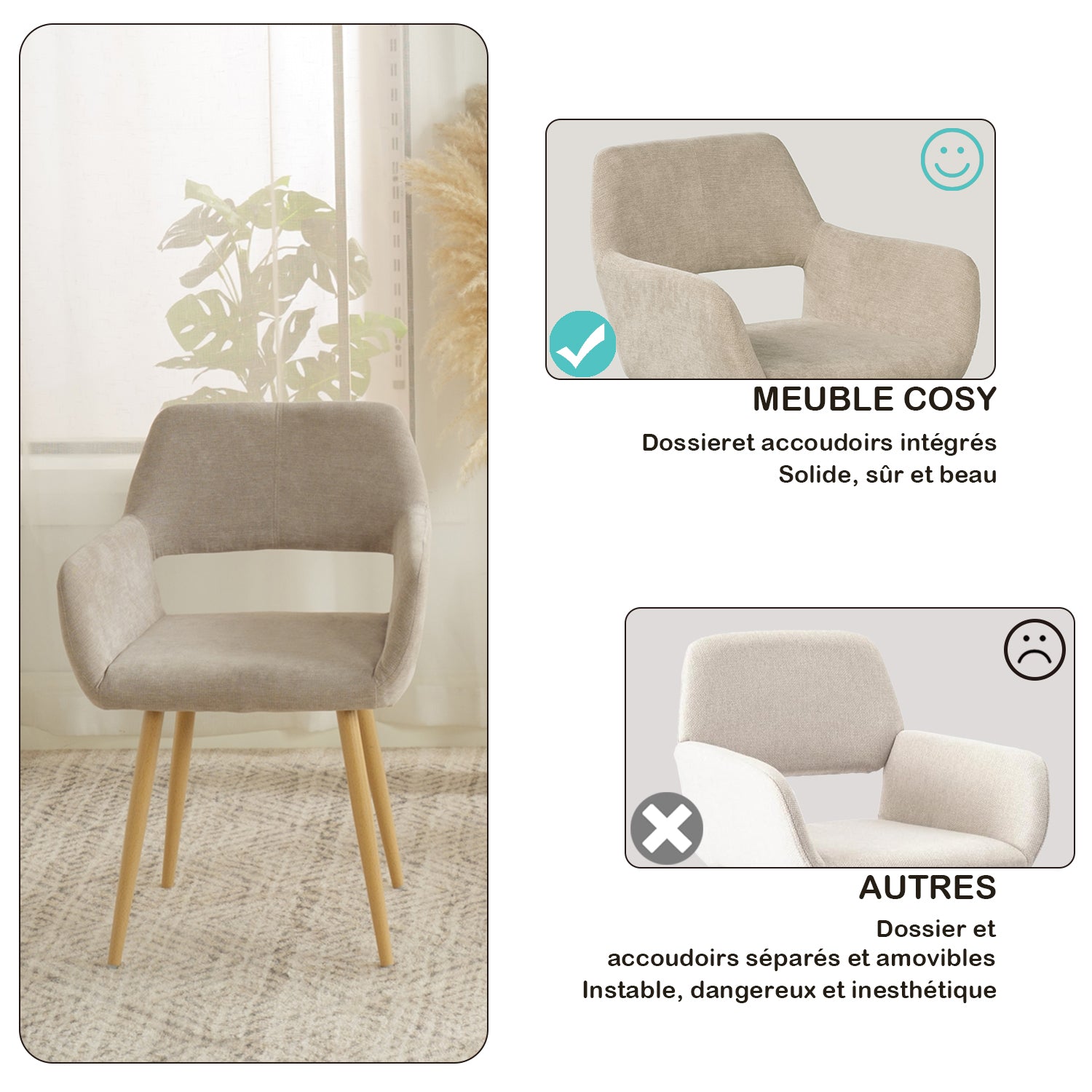 Lot de 6 fauteuils de salle à manger scandinaves avec accoudoirs en tissu beige - CROMWELL