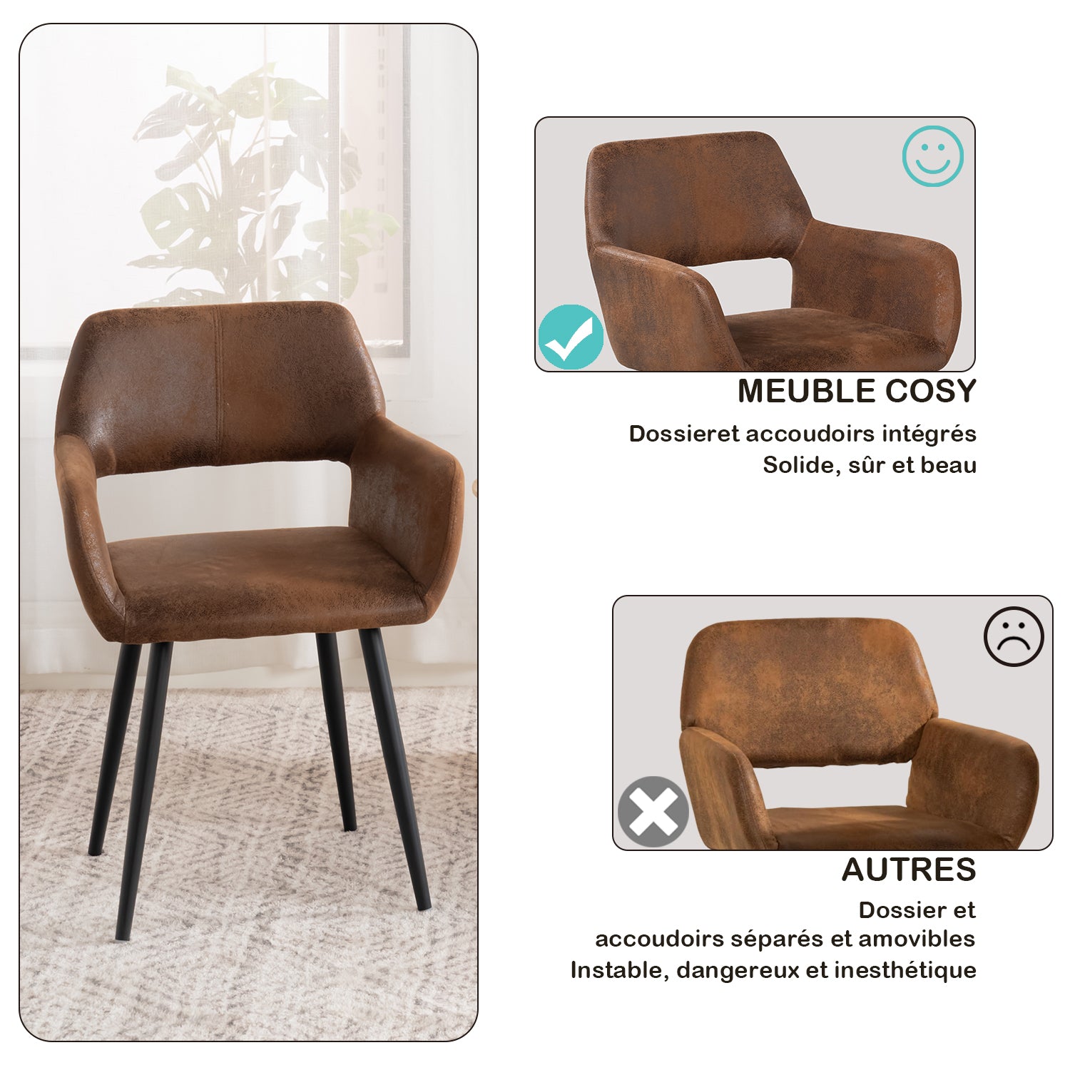 Lot de 6 fauteuils de salle à manger industriels avec accoudoirs en suédine - CROMWELL