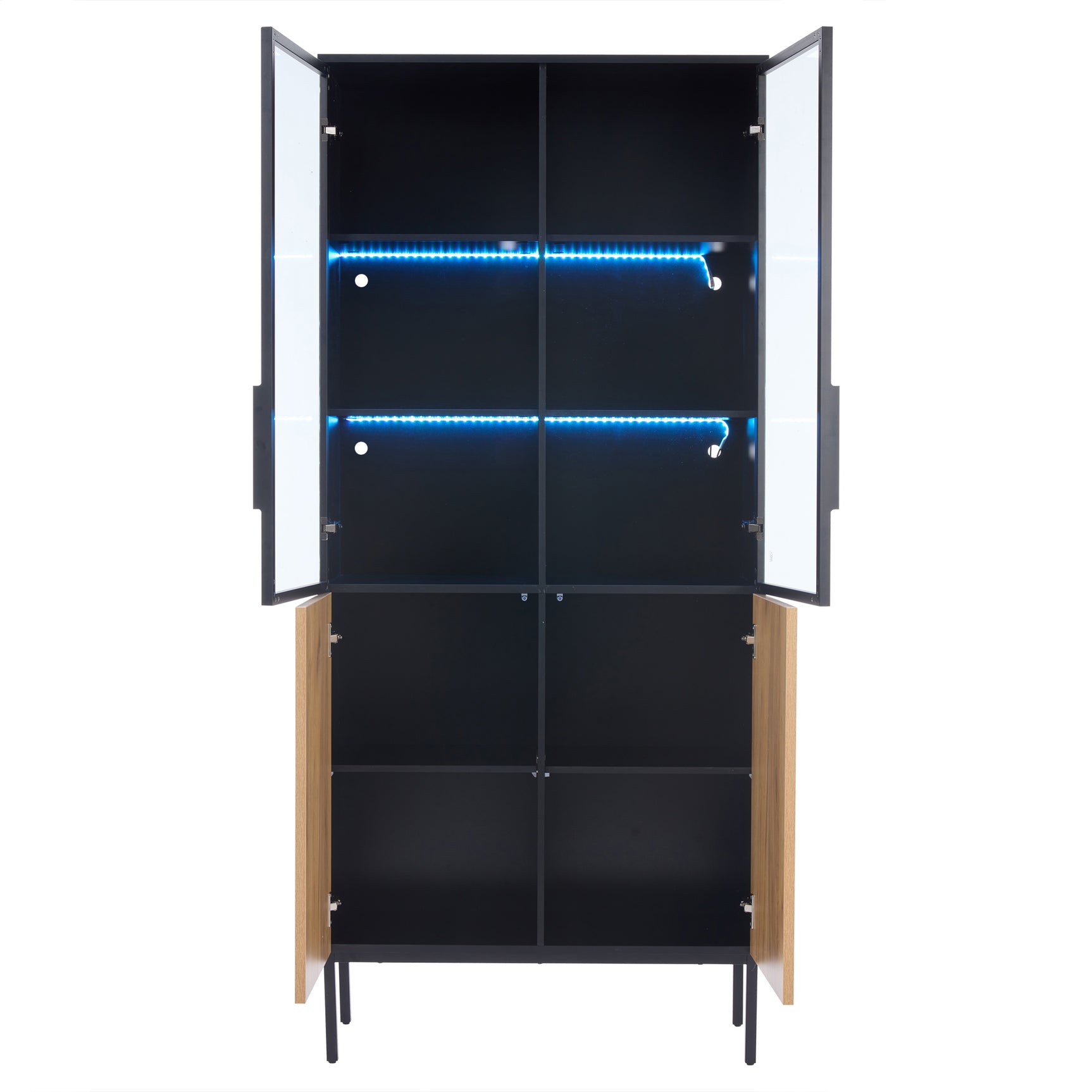 180 cm LED-Vitrine aus gehärtetem Glas in Schwarz/Eiche mit verstellbaren Einlegeböden