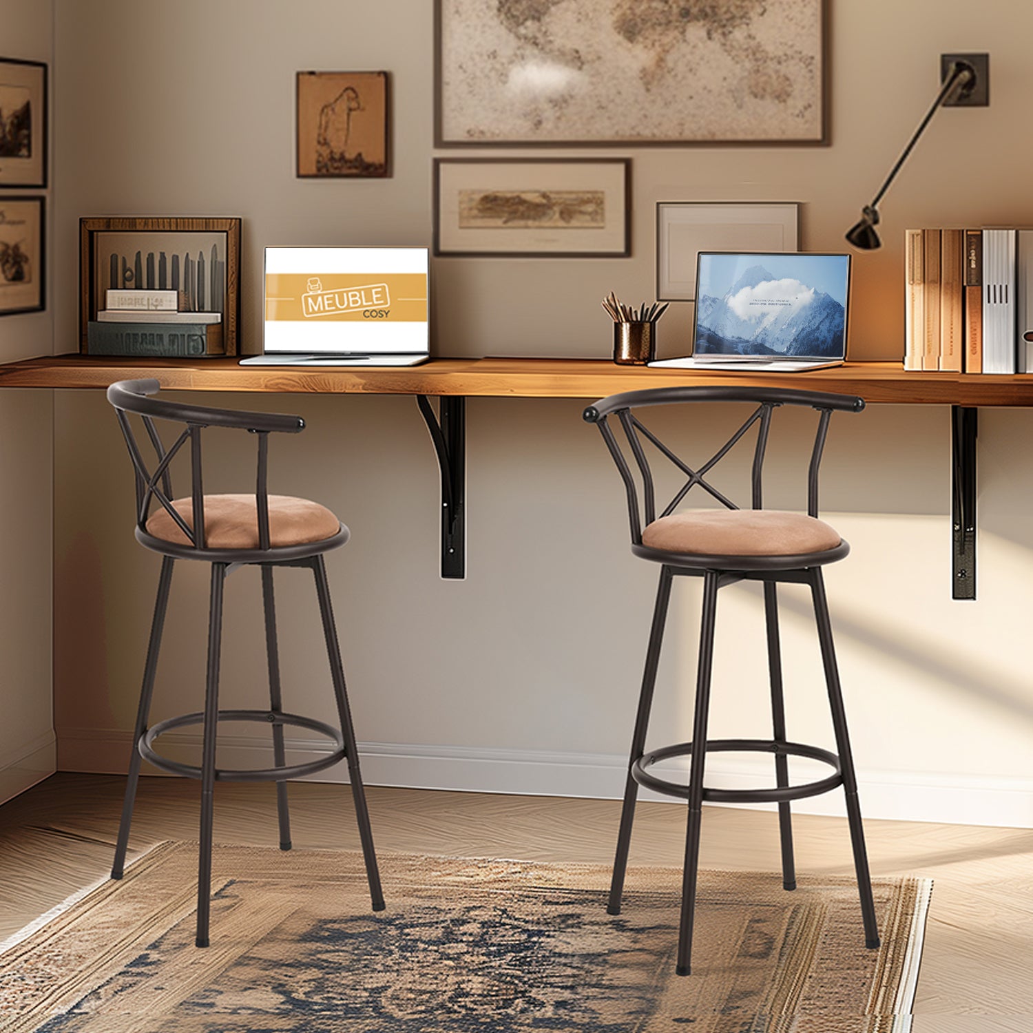 Set von 2 schwenkbaren Industriestangenhockern mit brauner Stoff -Rückenlehne - Hailey 29